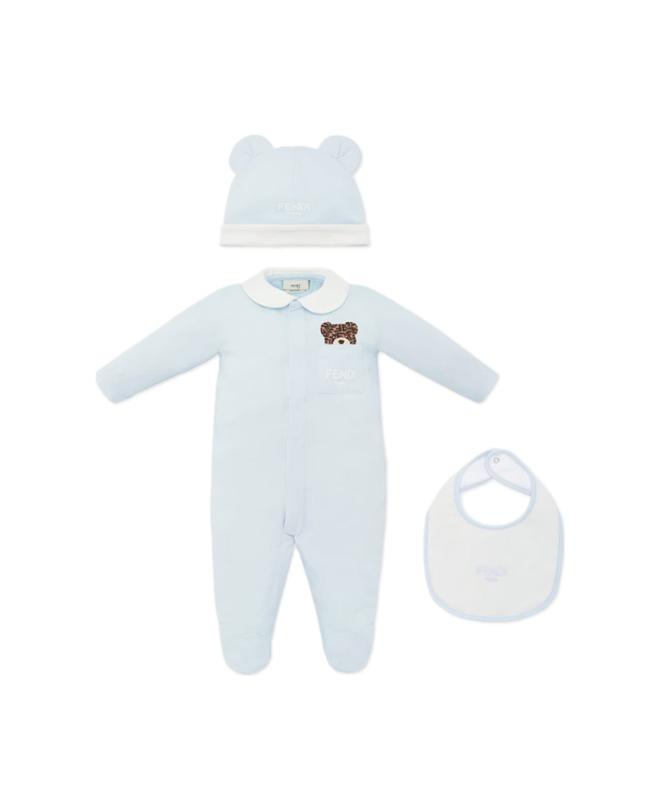 Fendi Onesie, Hat And Bib - Light blue