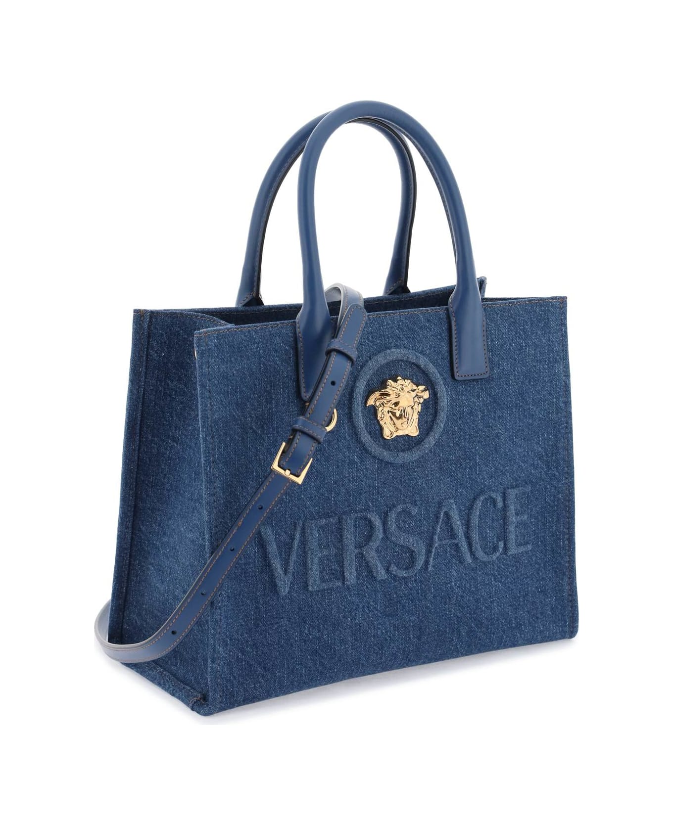 Versace Small 'la Medusa' Blue Cotton Shopper - NAVY BLUE VERSACE GOLD (Blue)