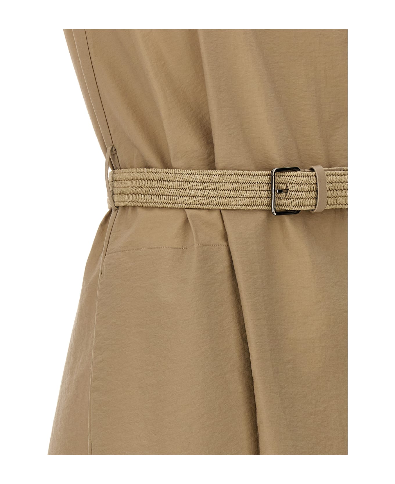 Brunello Cucinelli Techno Cotton Poplin Dress With Belt And Precious Shoulder Detail - Beige