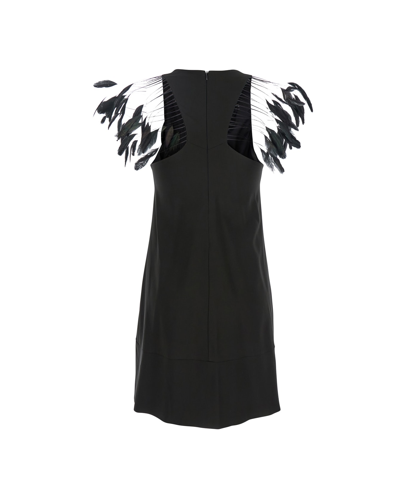 Merci Black Dress With Round Neckline And Feather Decorations In Fabric Woman - Black