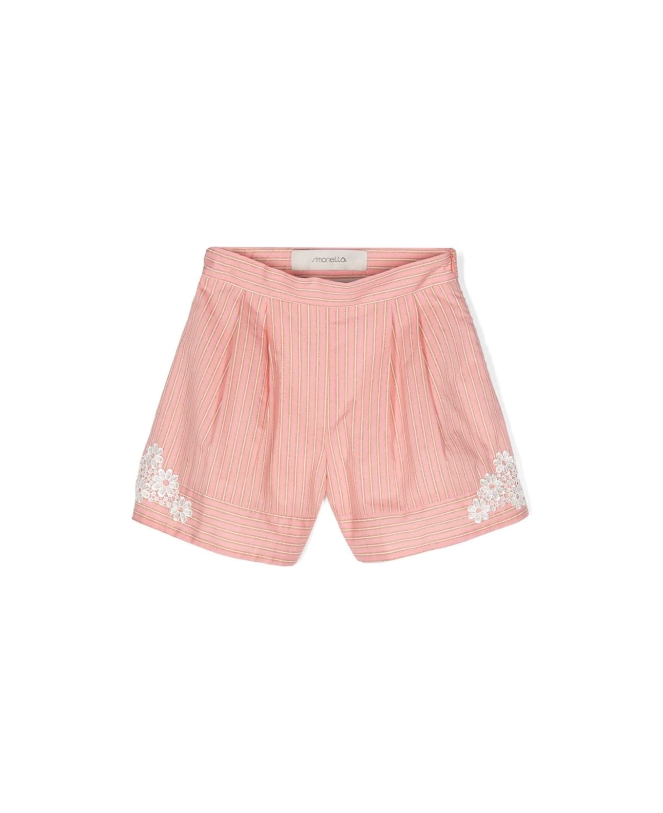 Simonetta Pink Lamé Striped Shorts With Lace - Pink ボトムス
