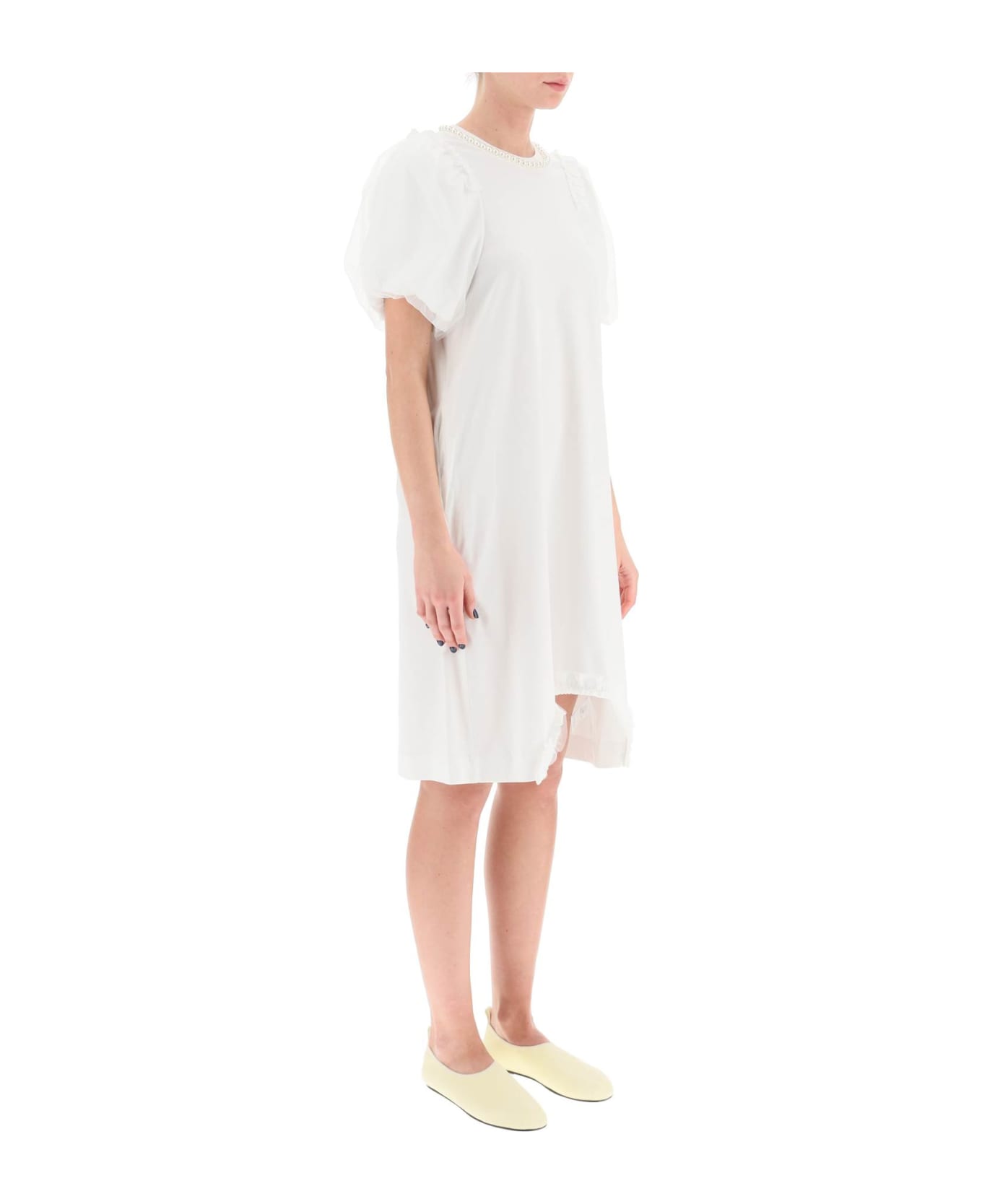 Simone Rocha Cotton Dress With Tulle Sleeves And Pearls - WHITE PEARL (White)