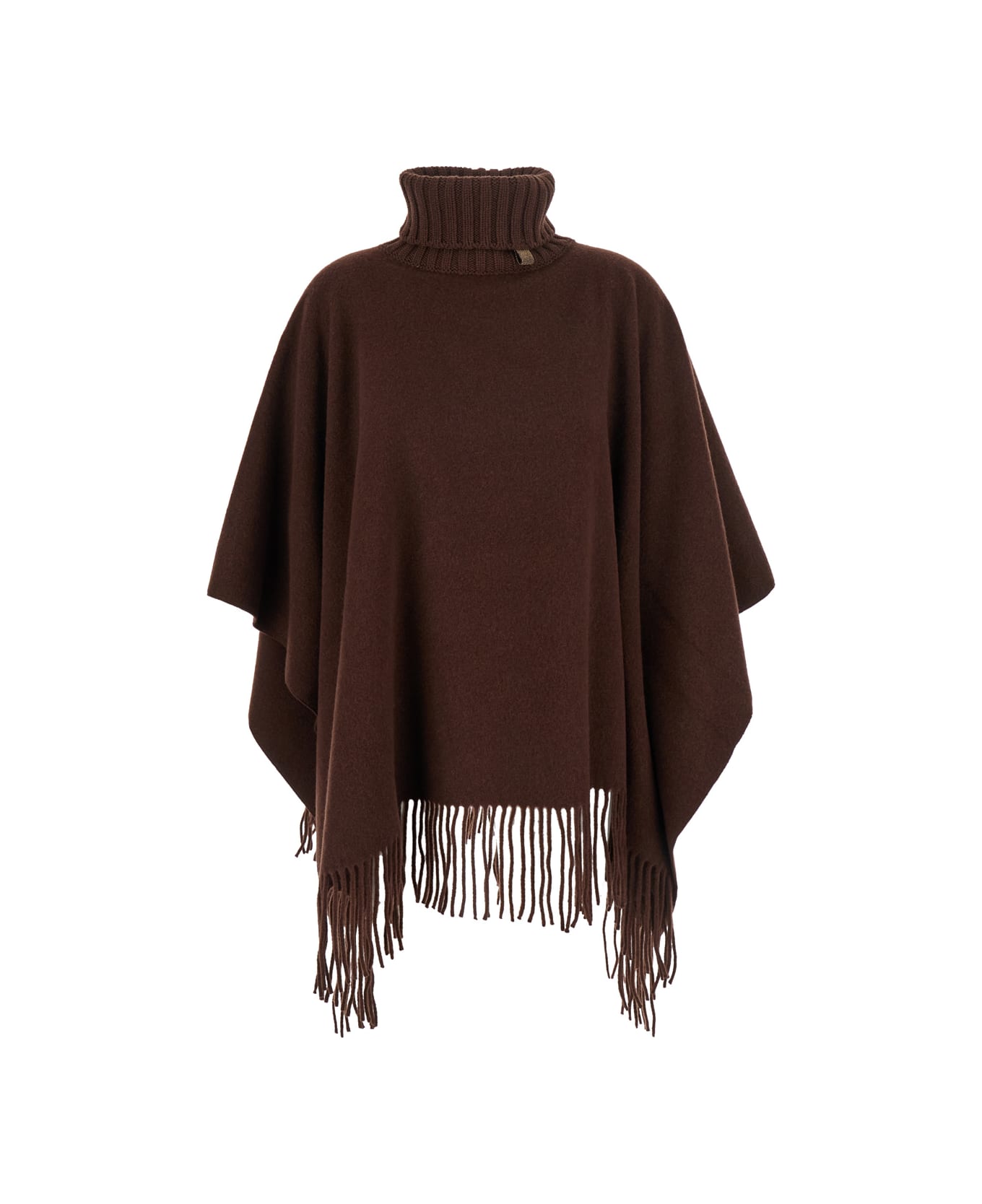 Fabiana Filippi Brown Cape With High Neck And Fringed Hem In Wool Blend Woman - Brown
