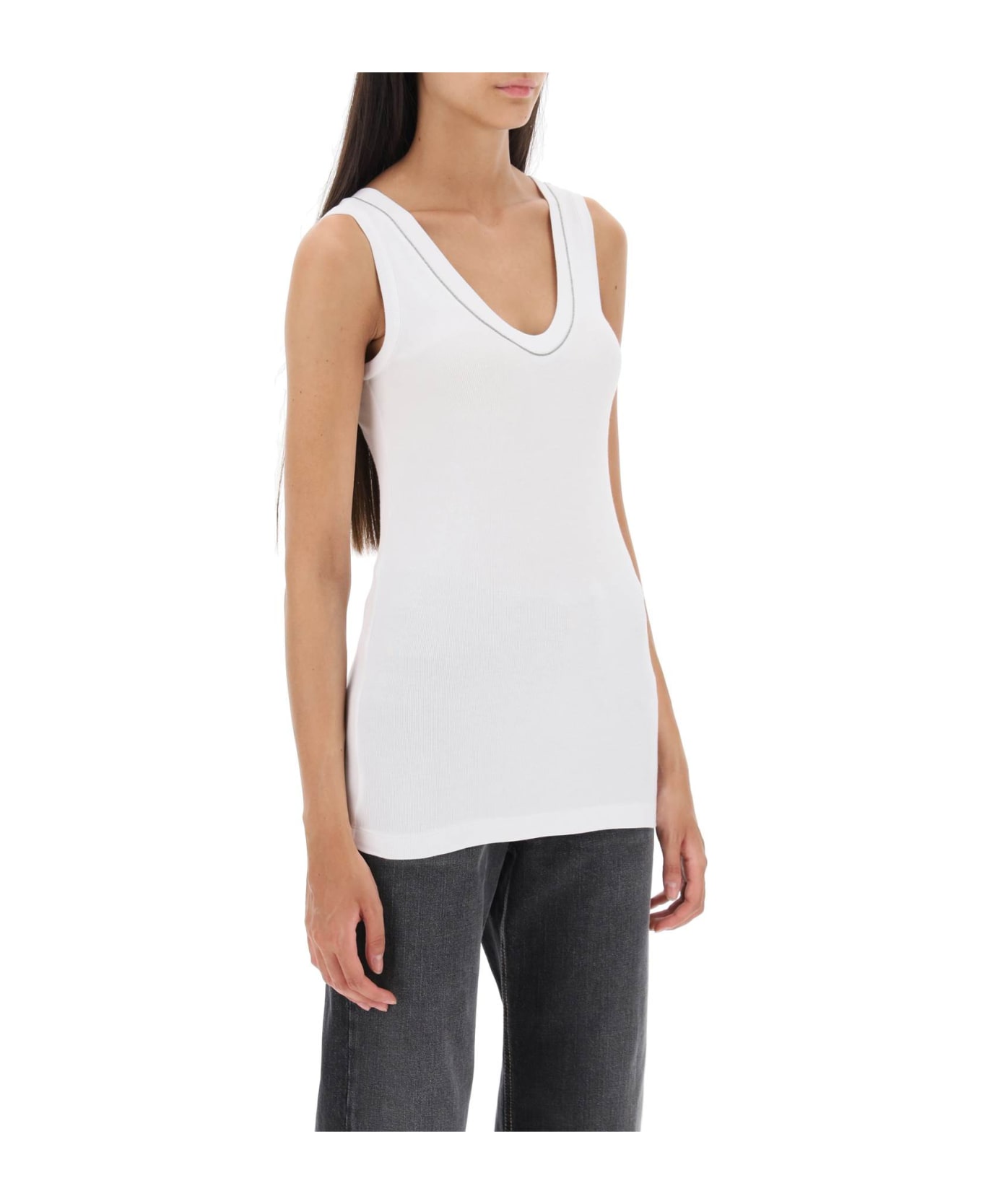 Brunello Cucinelli Ribbed Tank Top With Shiny Collar - BIANCO (White)
