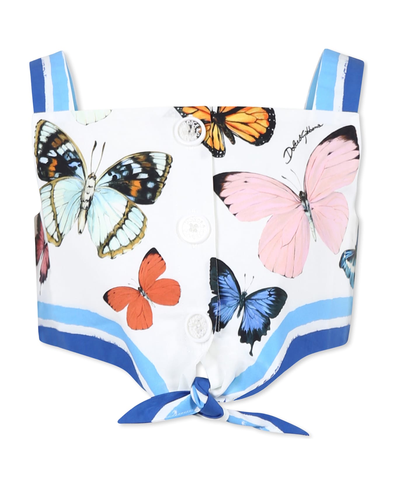Dolce & Gabbana White Crop Top For Girl With Butterflies - White