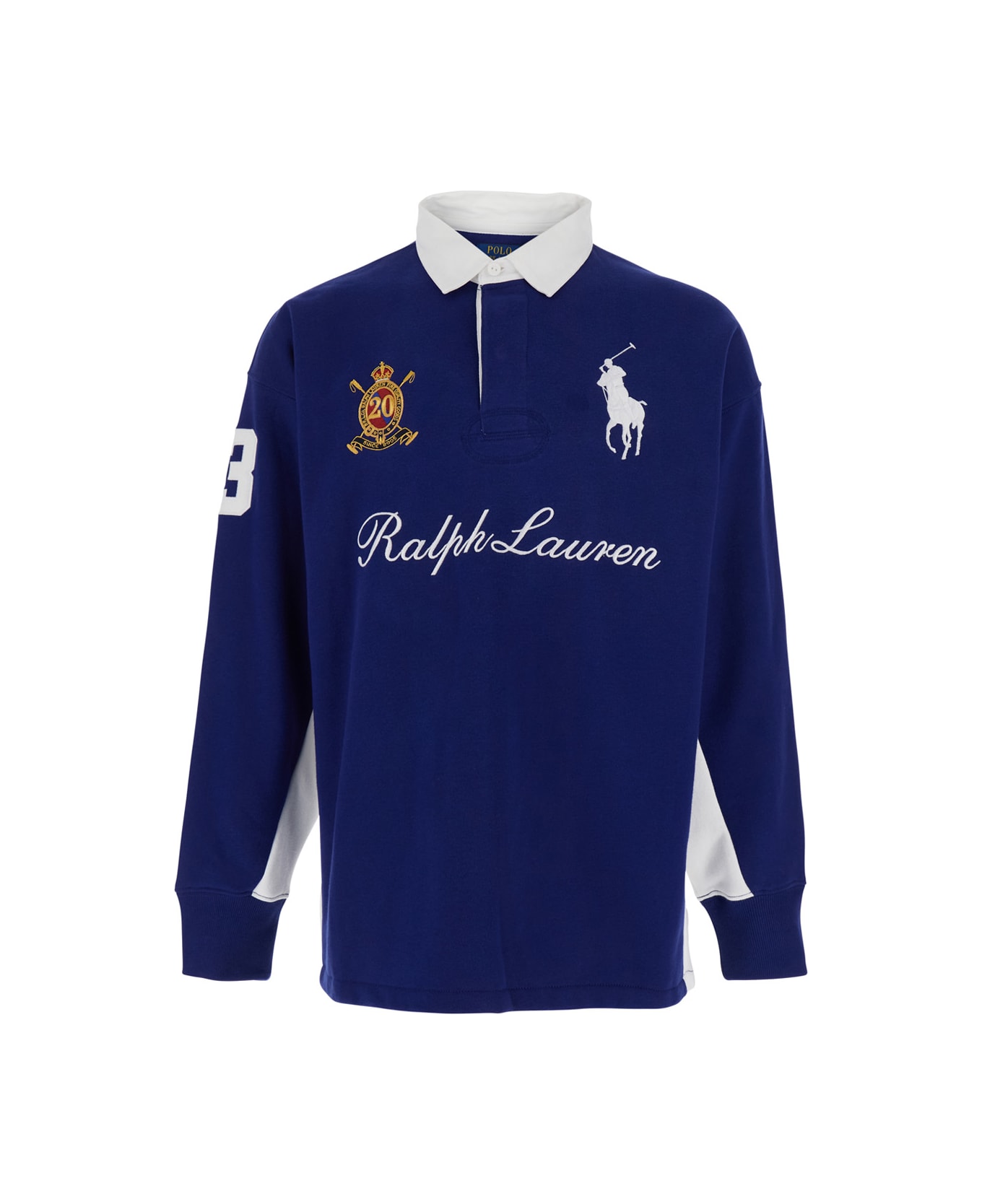 Polo Ralph Lauren 'rugby Fit' Blue Polo Shirt With Maxi Horse Embroidery On The Front And Lettering Logo In Cotton Blend Man - Blu