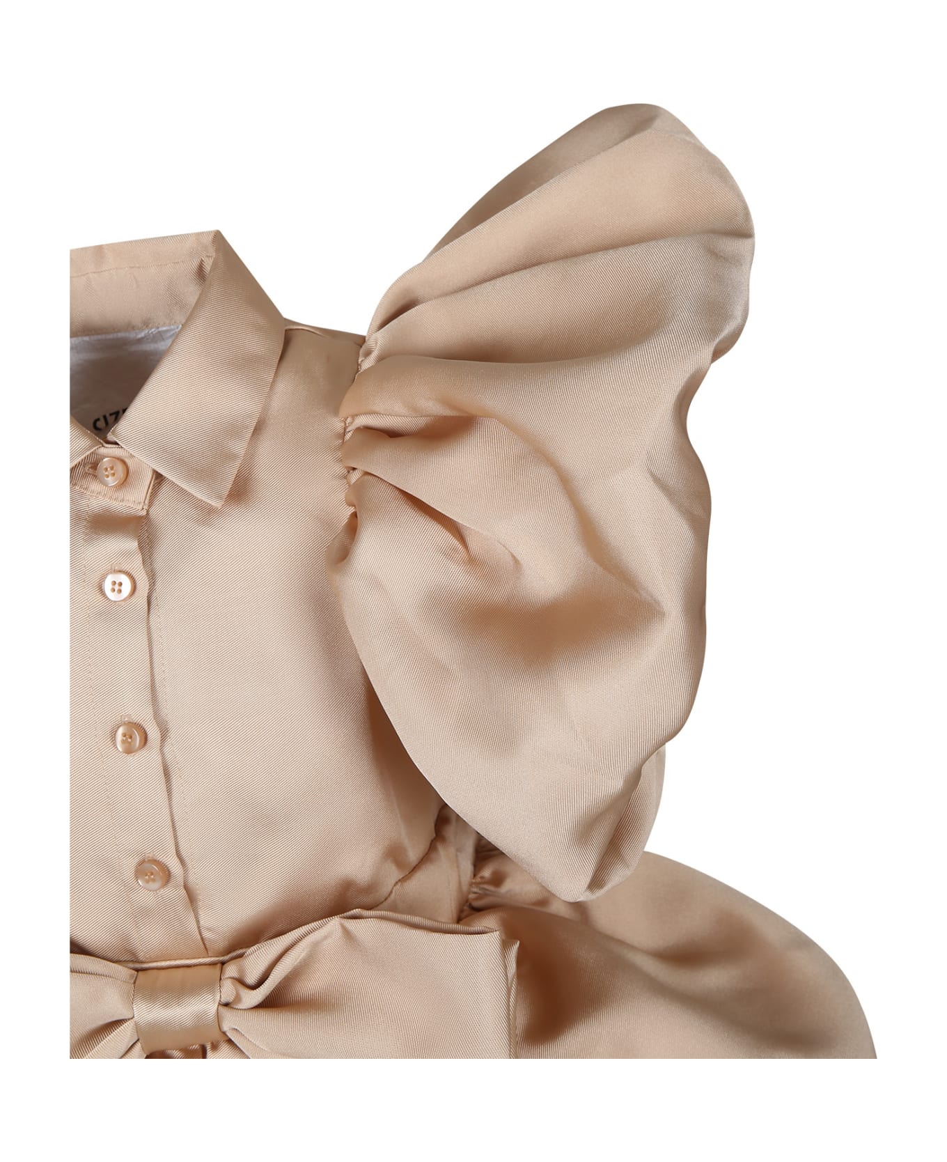 Caroline Bosmans Beige Dress For Girl With Ruffles And Bow - Beige ワンピース＆ドレス