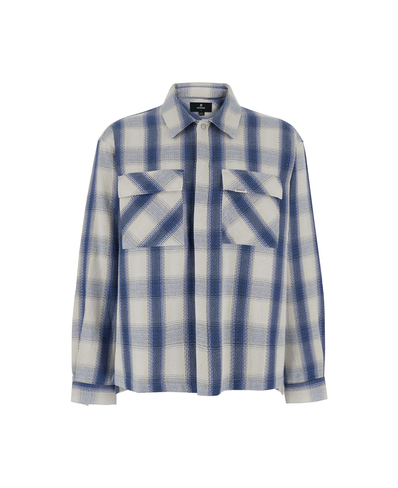 REPRESENT Blue Shirt With Classic Collar And All-over Check Motif In Cotton Blend Man - Blue, off-white