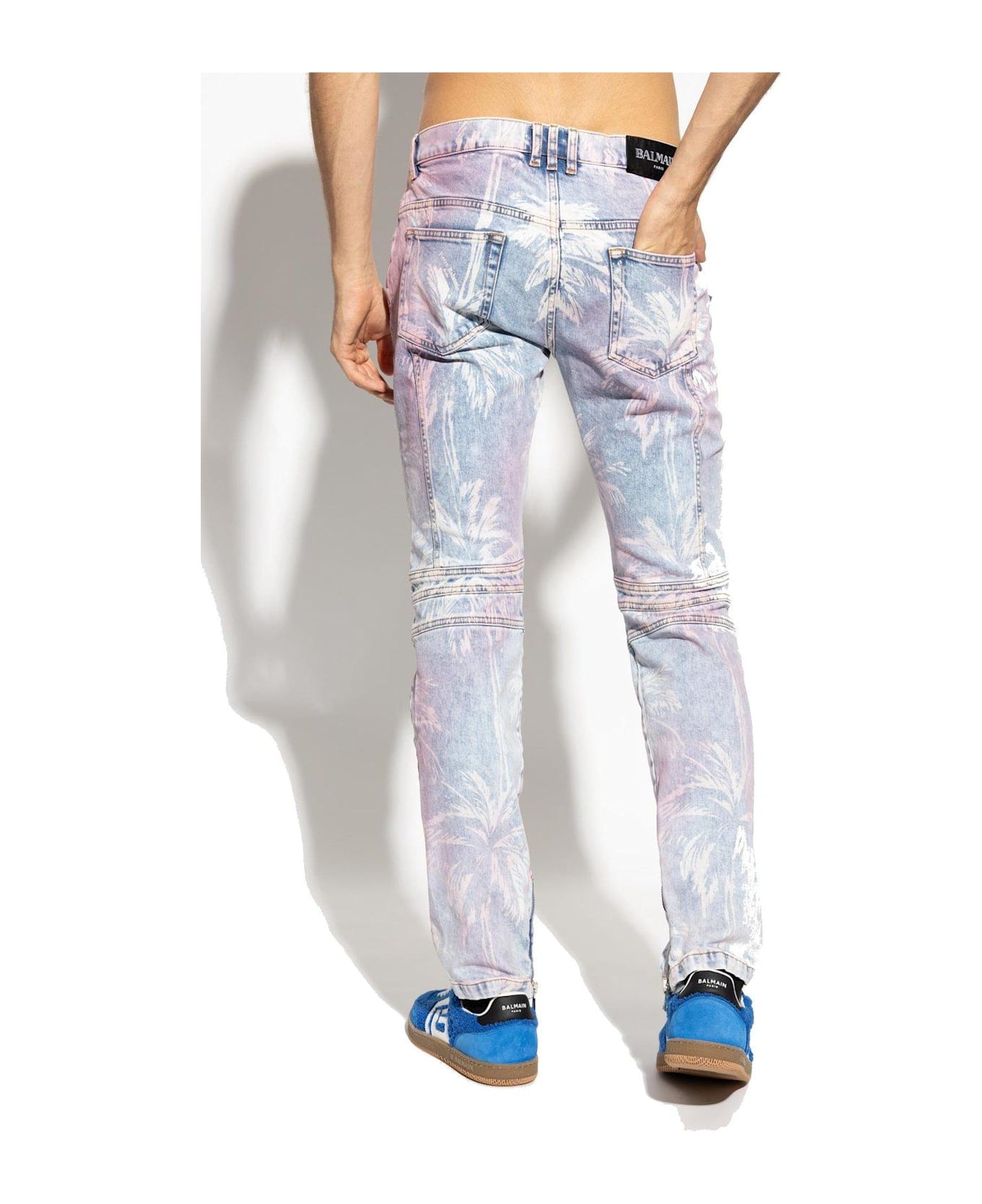 Balmain Palm Tree Printed Denim Biker Jeans - BLUE/PURPLE デニム