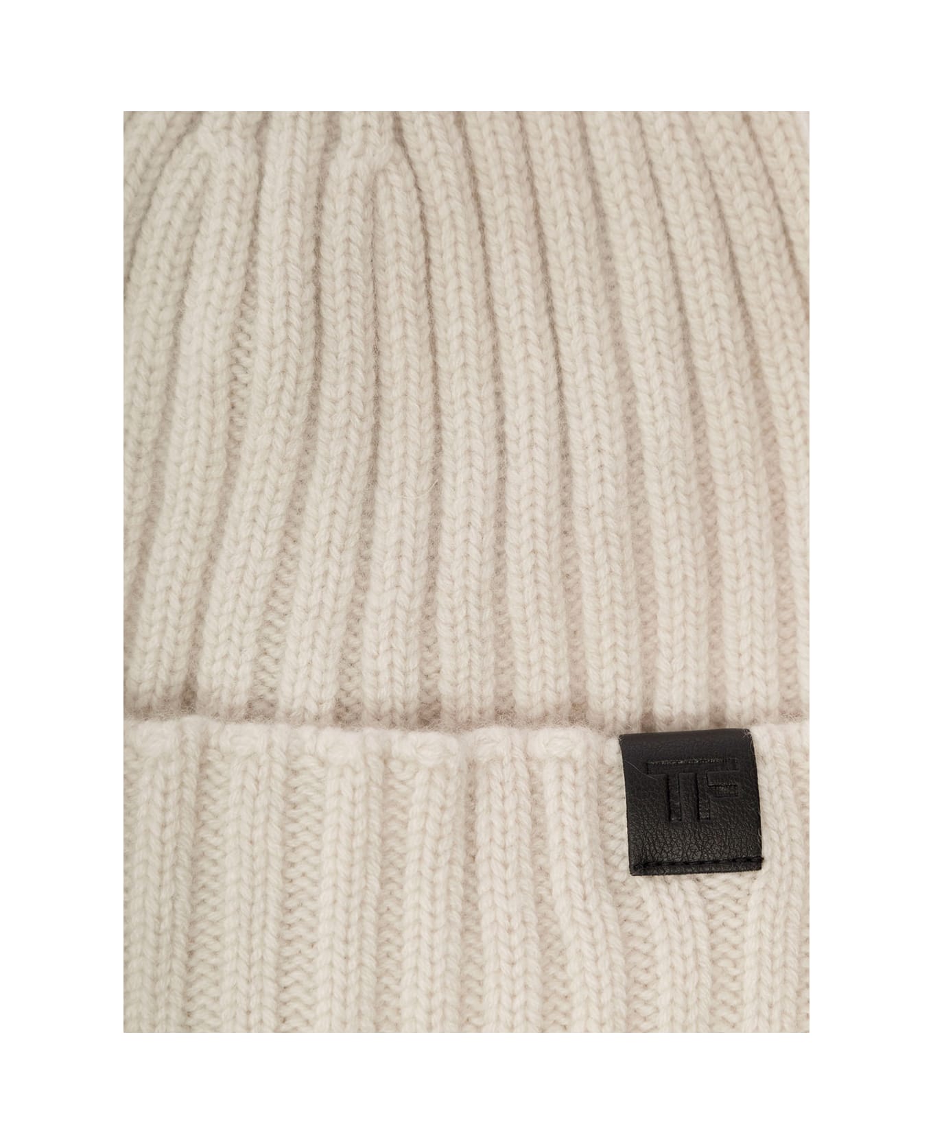 Tom Ford White Ribbed Beanie With Logo Patch In Cashmere Man - White