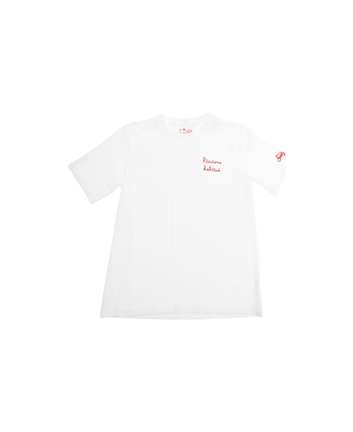 MC2 Saint Barth 'portofino Jr' White Crewneck T-shirt With Print On The Front And Logo Lettering On The Sleeve In Cotton Boy - White