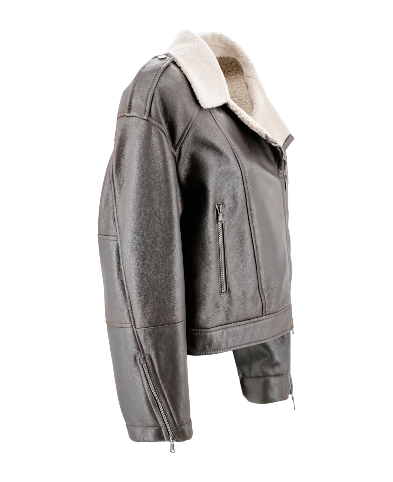 Brunello Cucinelli Giacca Biker In Pelle Con Collo In Shearling - Cioccolato