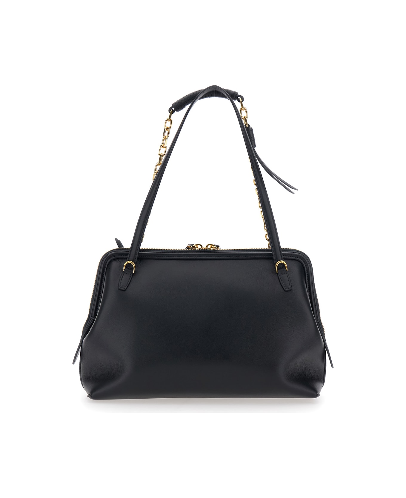 Etro Black Shoulder Bag With Chain-link Shoulder Strap And Tag With Embossed Logo On The Front In Leather Woman - Black