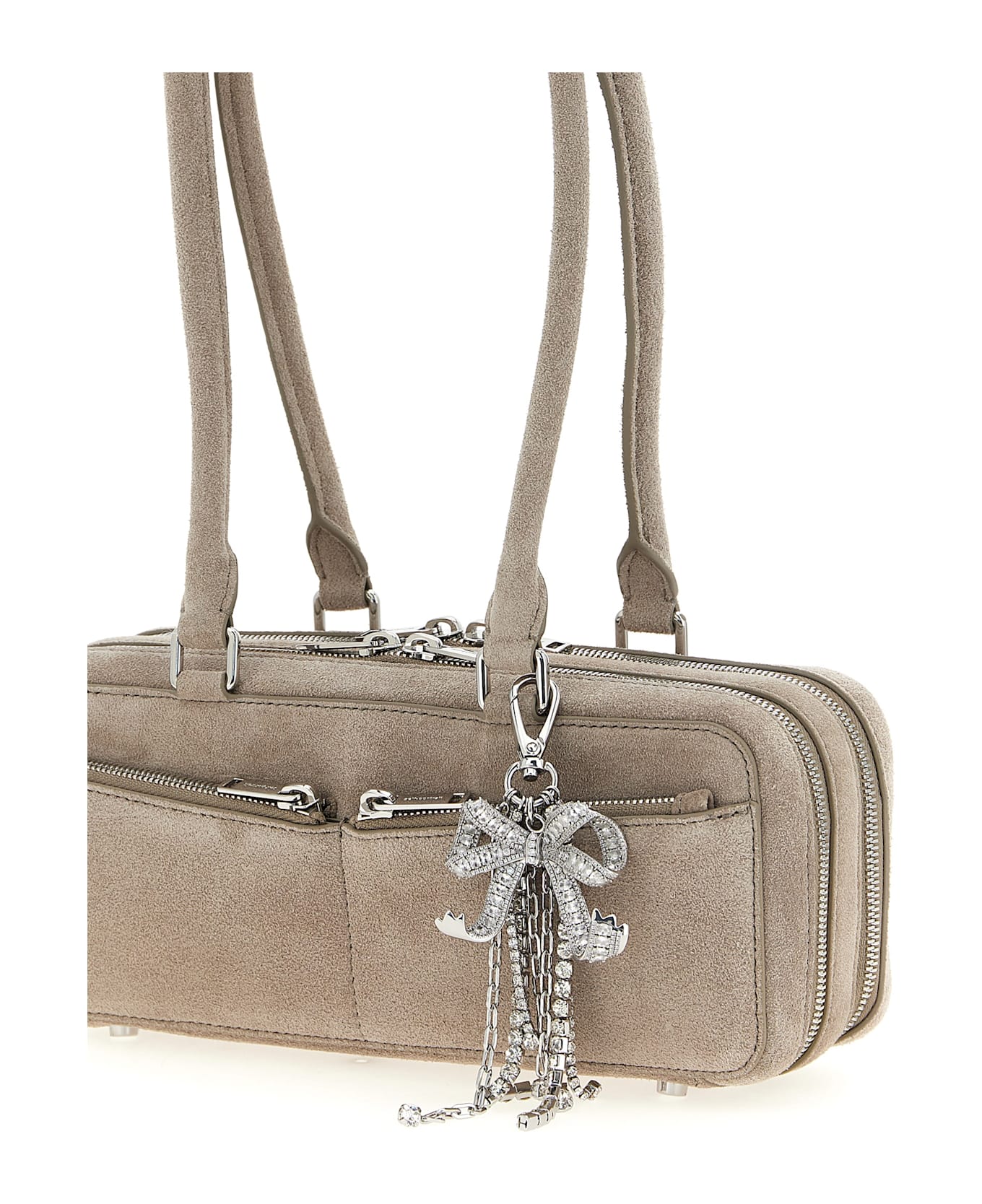 self-portrait 
tan Suede Baguette With Charm
 Shoulder Bag - Grey