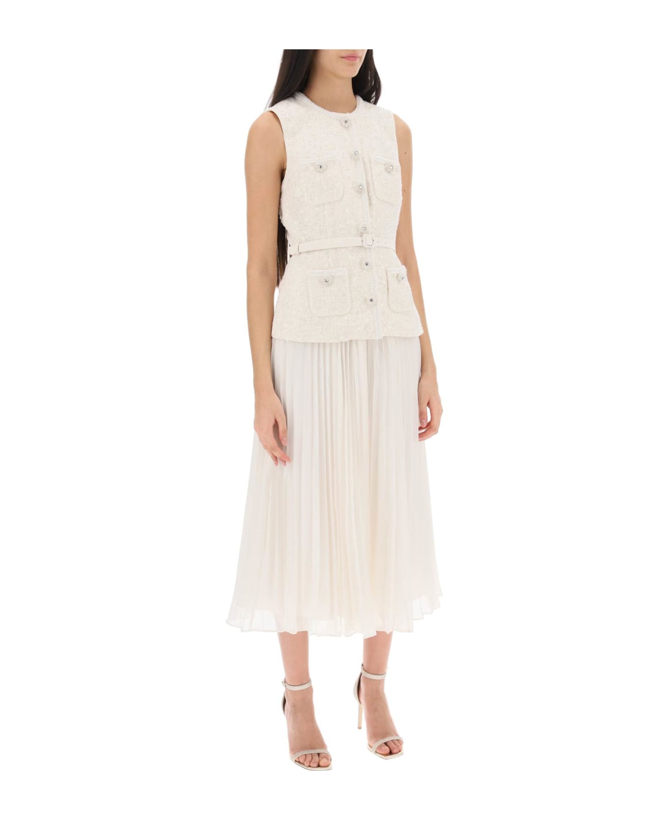 self-portrait Midi Peplum Dress With Pleated Skirt - C Cream ワンピース＆ドレス