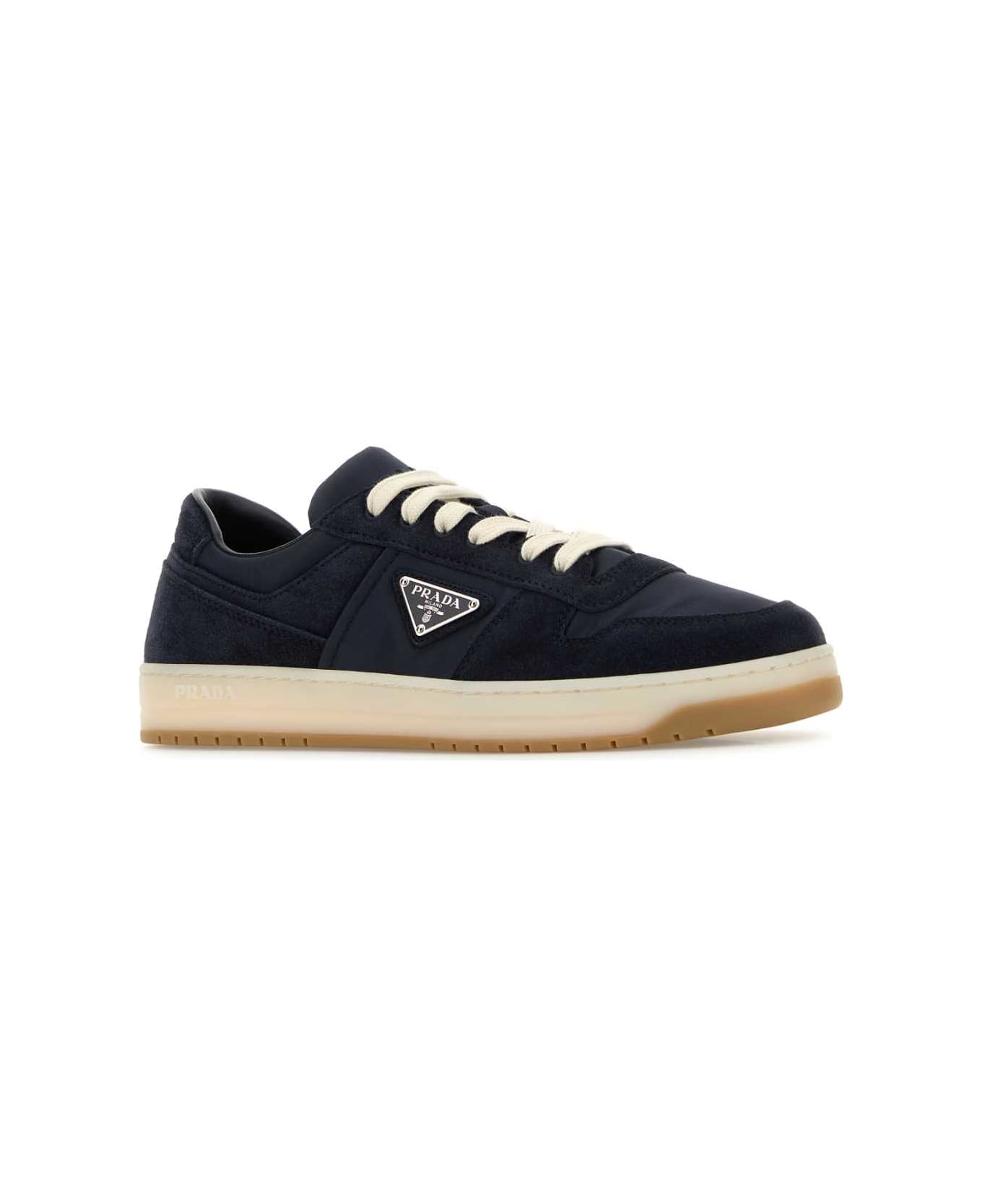Prada Navy Blue Canvas And Suede Downtown Sneakers - BLU