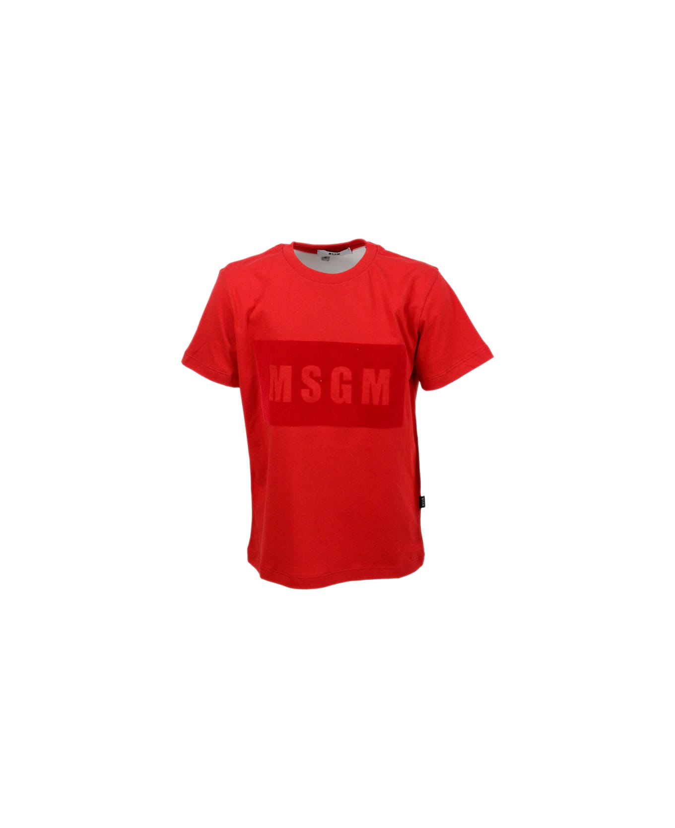 MSGM Short-sleeved Crew Neck T-shirt In Cotton With Raised Lettering With Flocking - Red