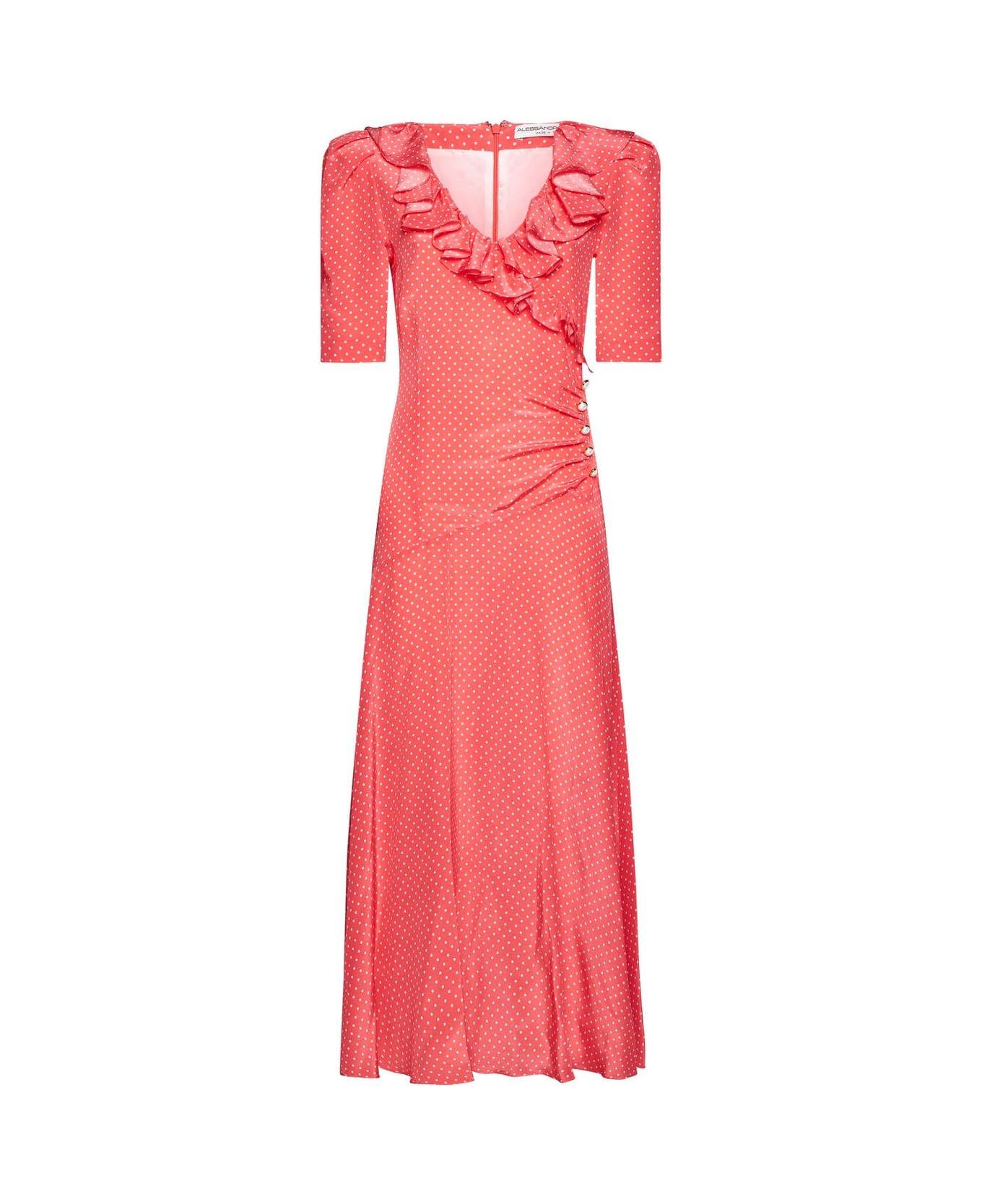 Alessandra Rich V-neck Ruffled Dress - Coral Red