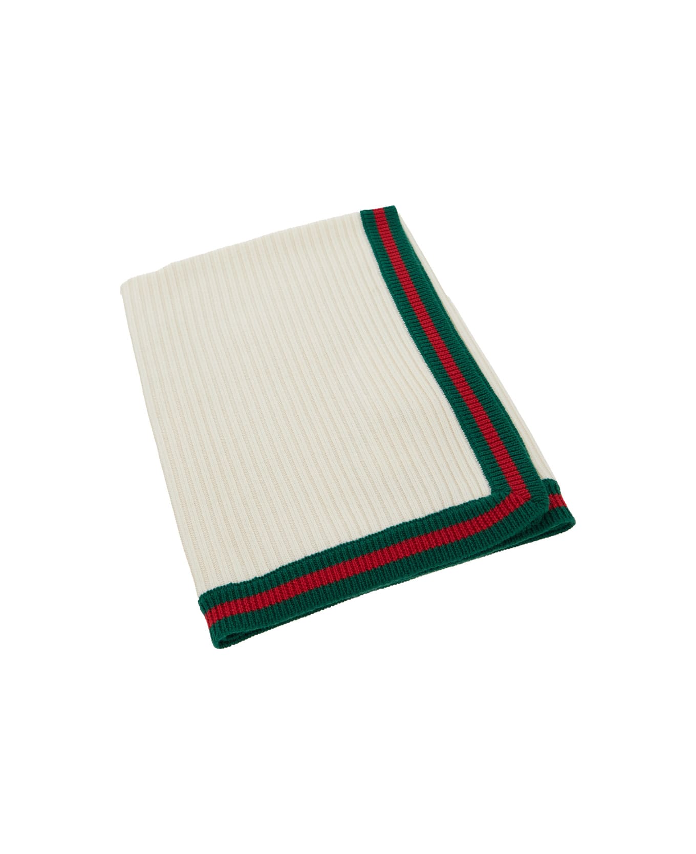 Gucci White Ribbed Blanket With Striped Edge In Wool Kids - White