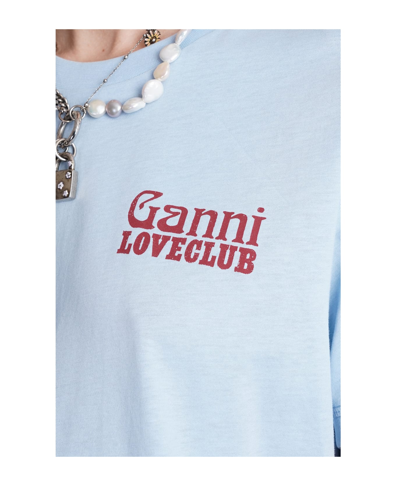 Ganni T-shirt In Cyan Cotton - cyan