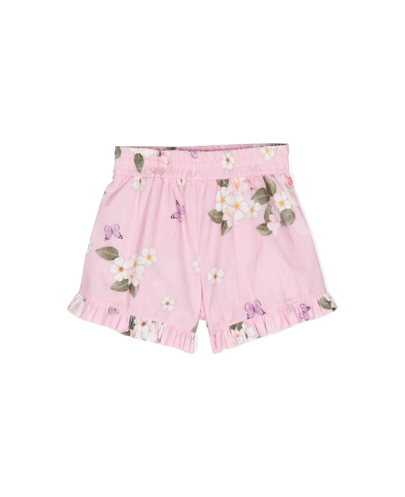 Monnalisa Pink Shorts With Floreal Print And Ruffles In Cotton Girl - Pink ボトムス