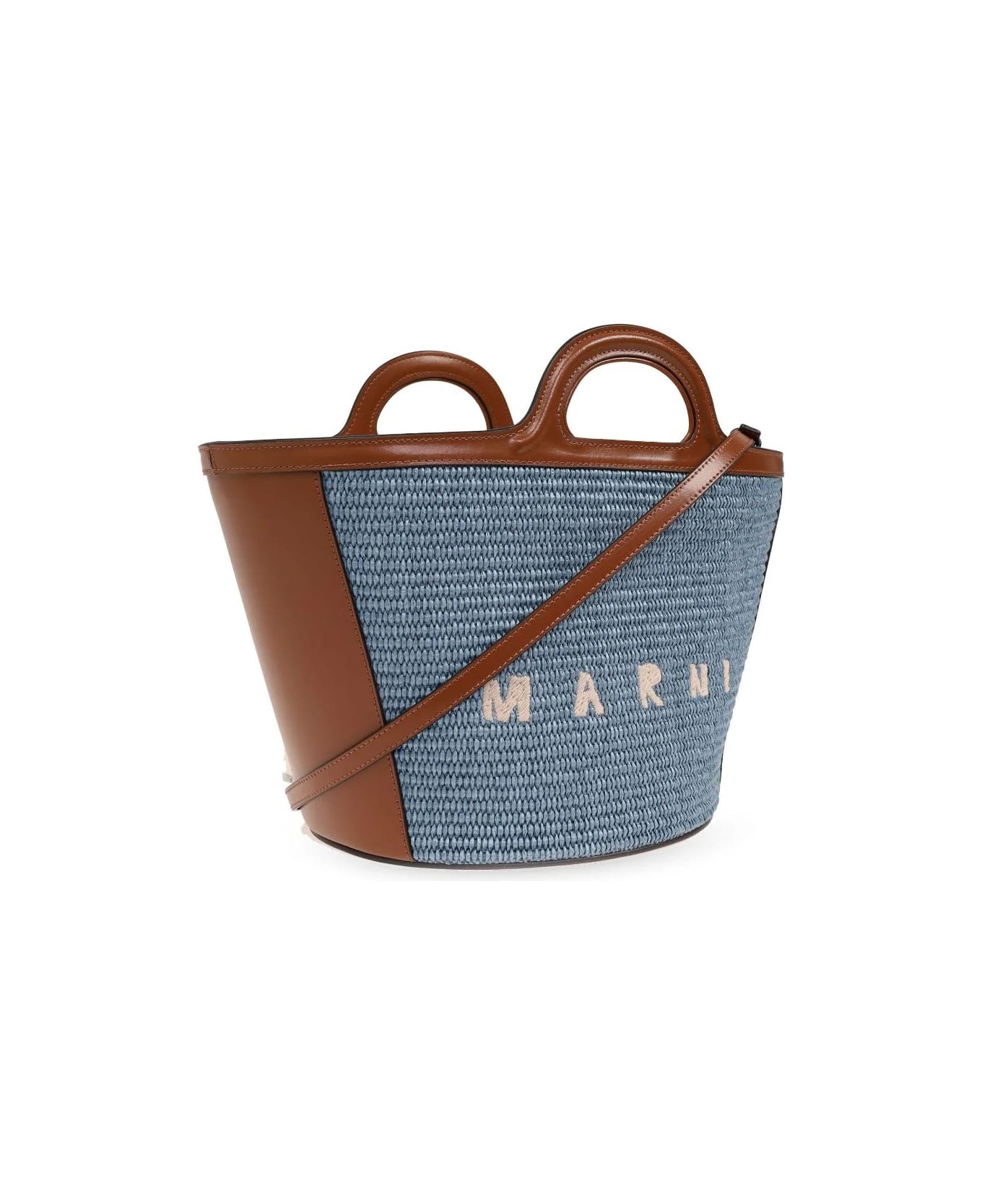 Marni Small Tropicalia Summer Bag In Brown Leather And Light Blue Raffia - Brown バッグ