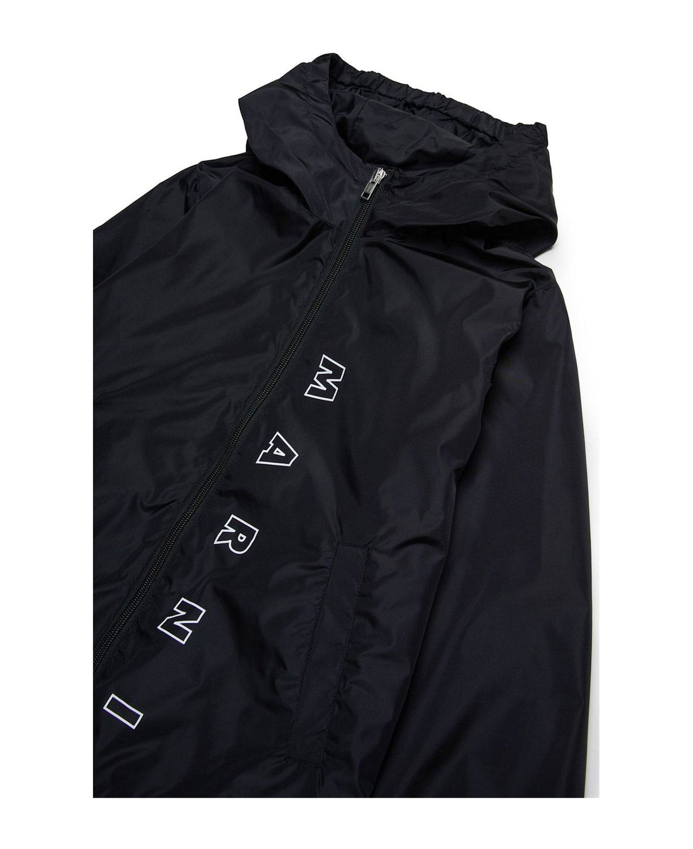 Marni Logo Printed Hooded Windbreaker Jacket - Black