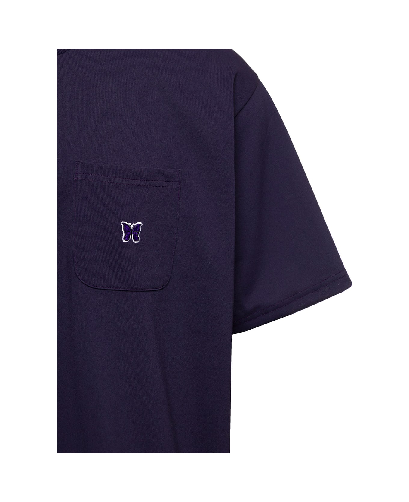 Needles Crewneck T-shirt With Front Pocket And Embroidered Logo In Violet Technical Fabric Man - Violet