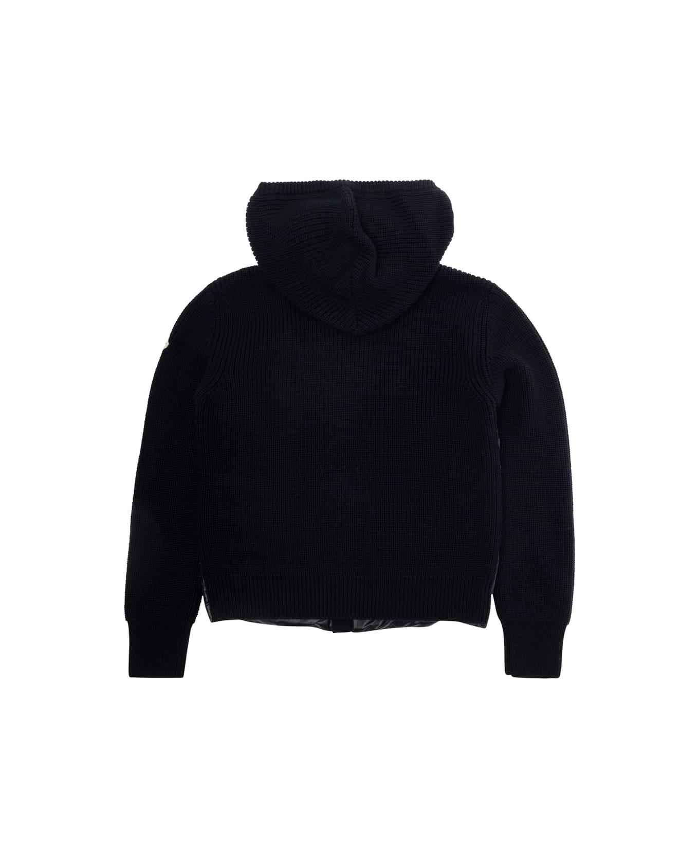 Moncler Black Hooded Cardigan With Logo Patch In Wool And Tech Fabric Boy