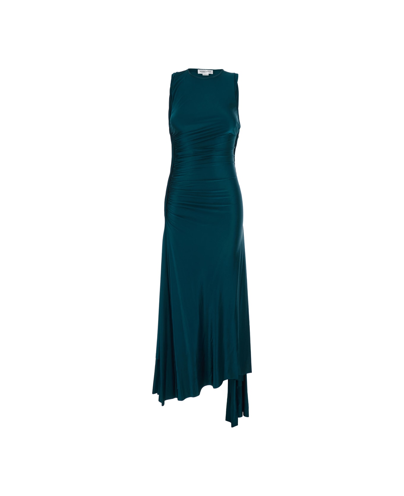 Victoria Beckham Petrol Green Long Dress With Round Neckline And Ruffled Details In Viscose Woman - Green