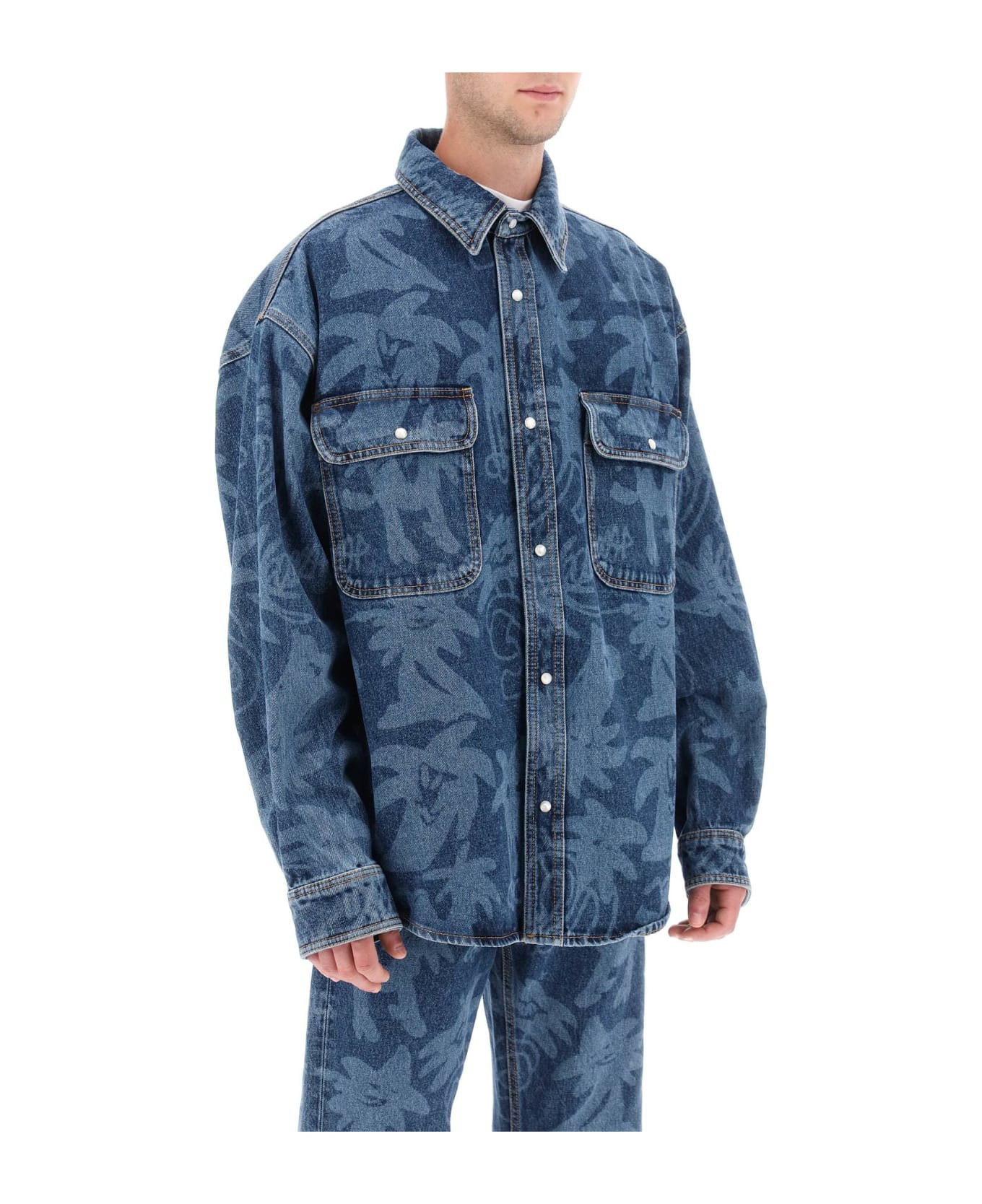 Palm Angels 'palmity' Overshirt In Denim With Laser Print All-over - DENIM BLUE