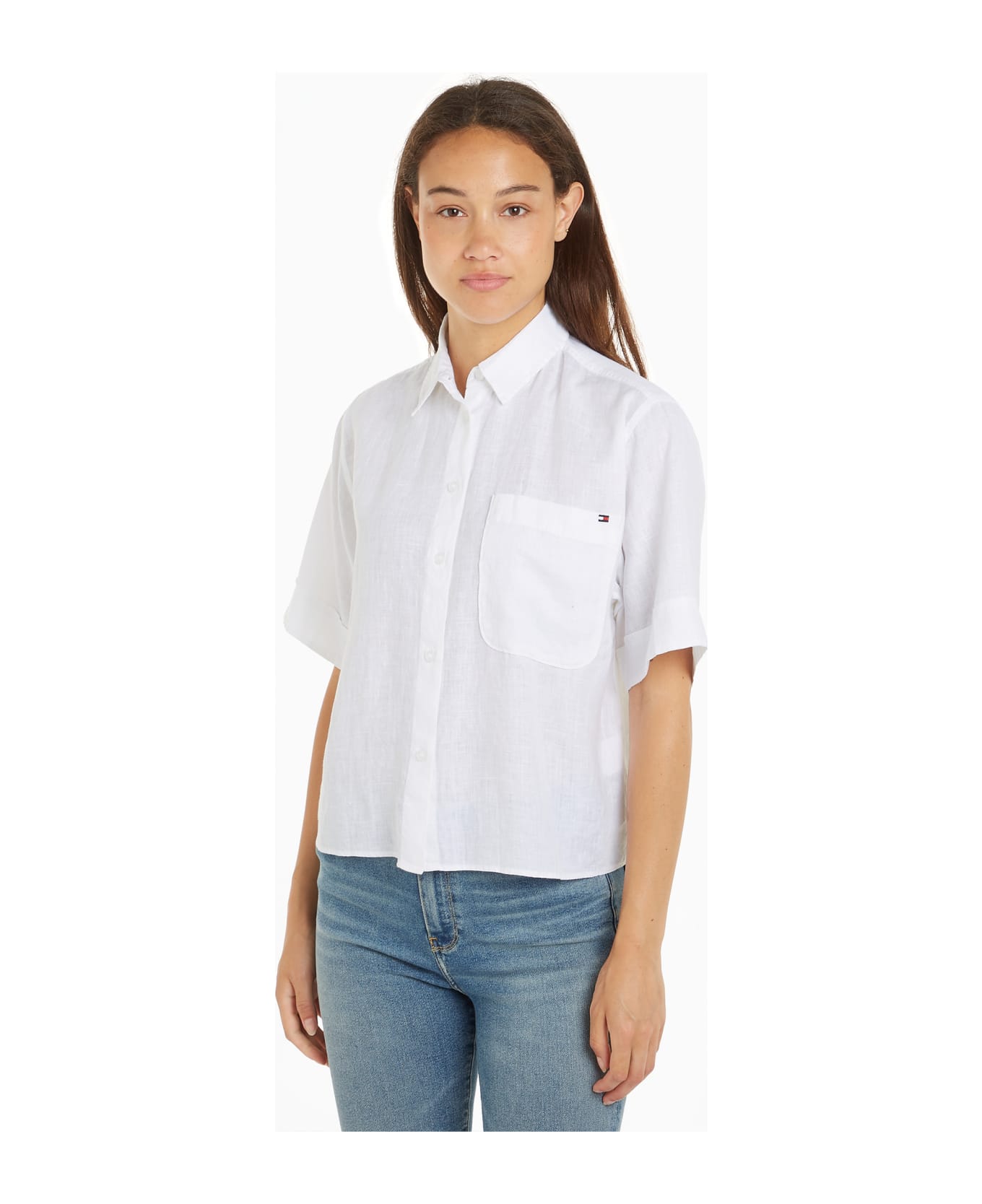 Tommy Hilfiger Relaxed Fit Linen Shirt With Short Sleeves - OPTIC WHITE