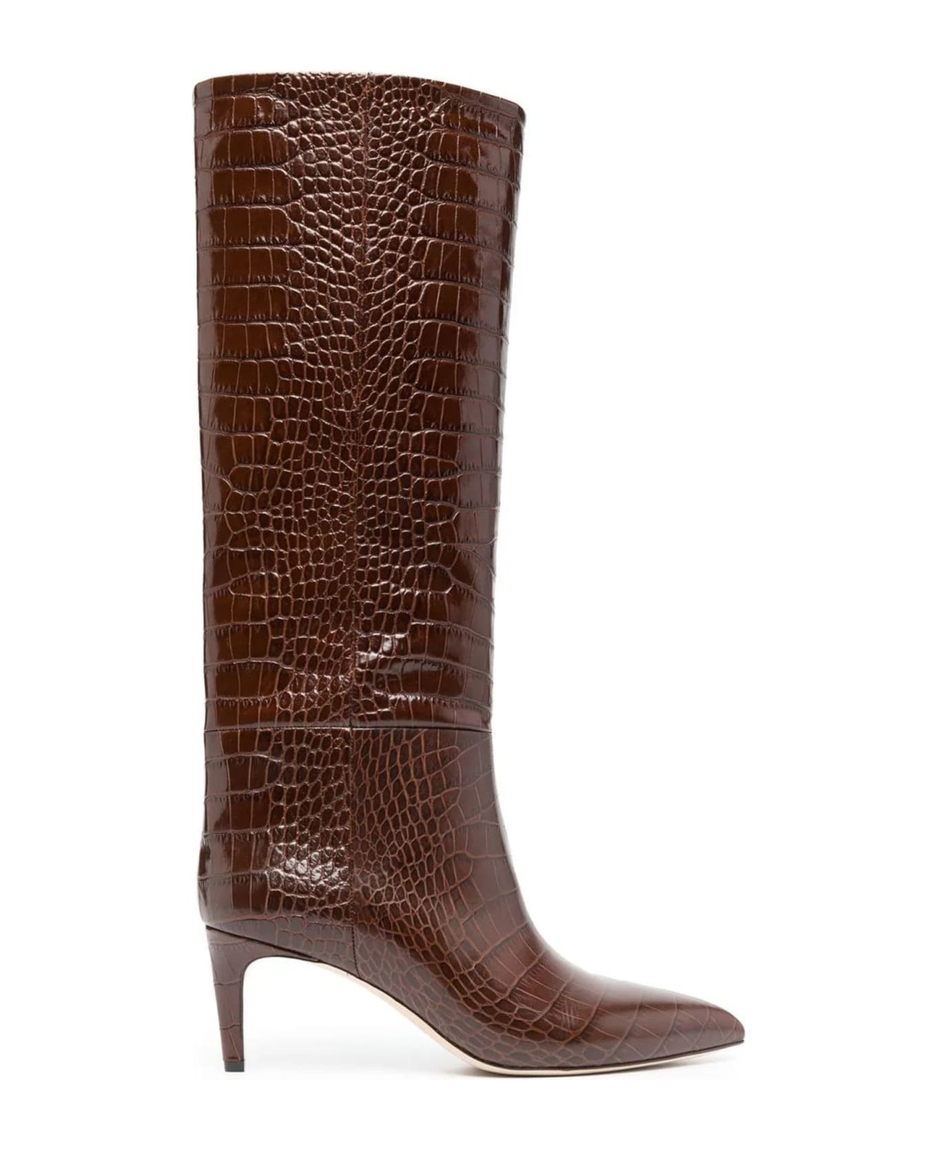 Paris Texas Brown Leather Croc-effect Stiletto Boots - Brown ブーツ