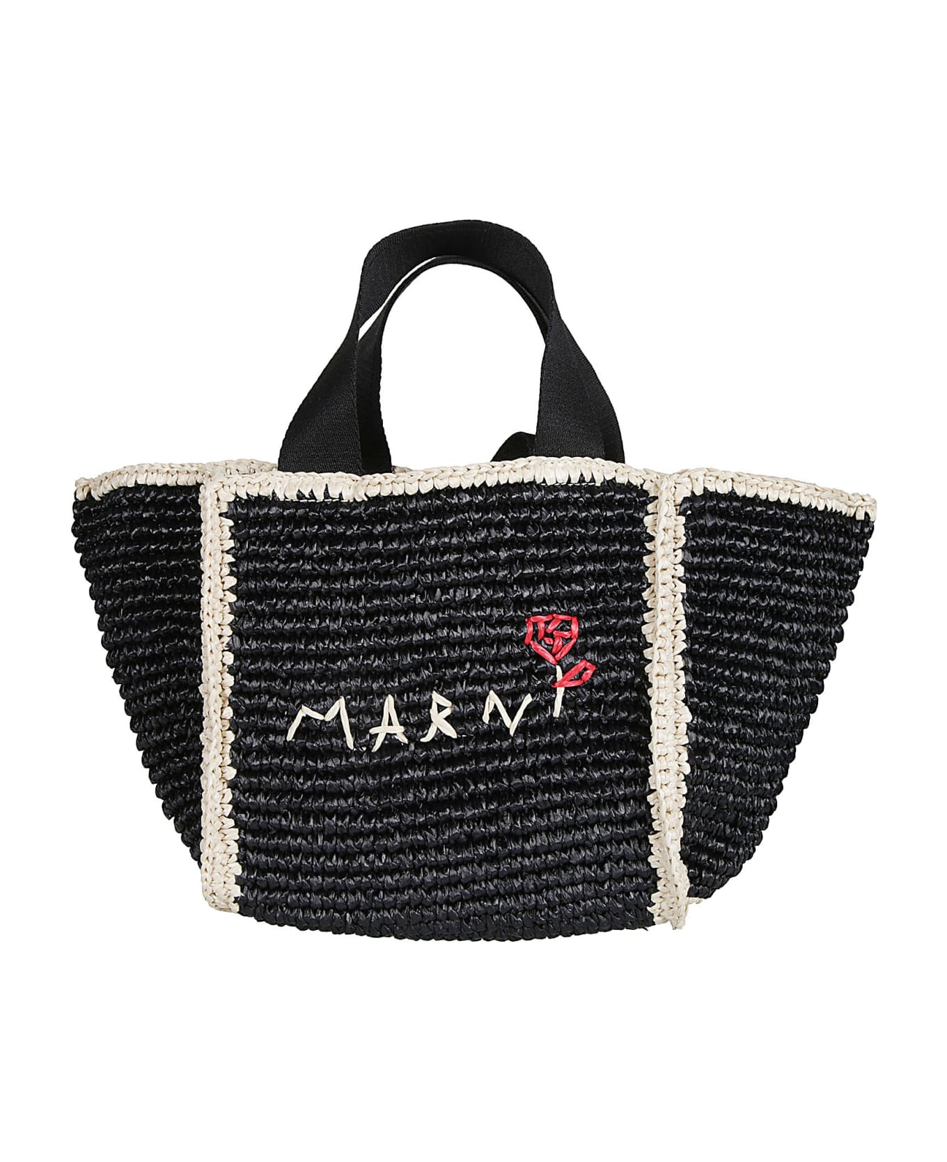 Marni Logo Embroidered Woven Top Handle Tote - Black/White