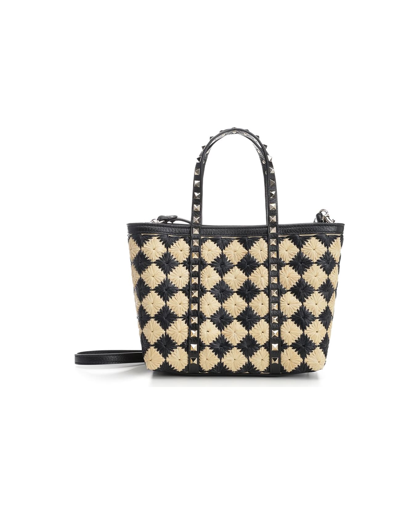 Valentino Garavani Embroidered Raffia Mini Rockstud Handbag - NATURALENERO