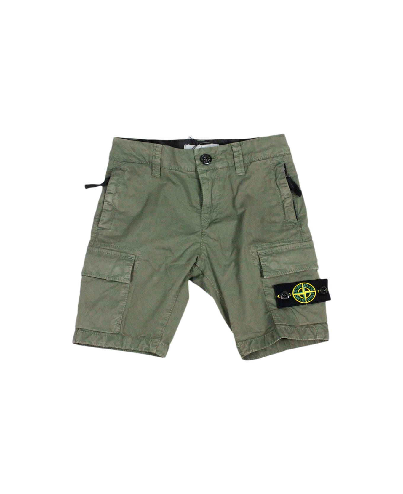 Stone Island Junior Stretch Cotton Cargo Shorts With Pockets And Logo On The Leg Pocket - Military