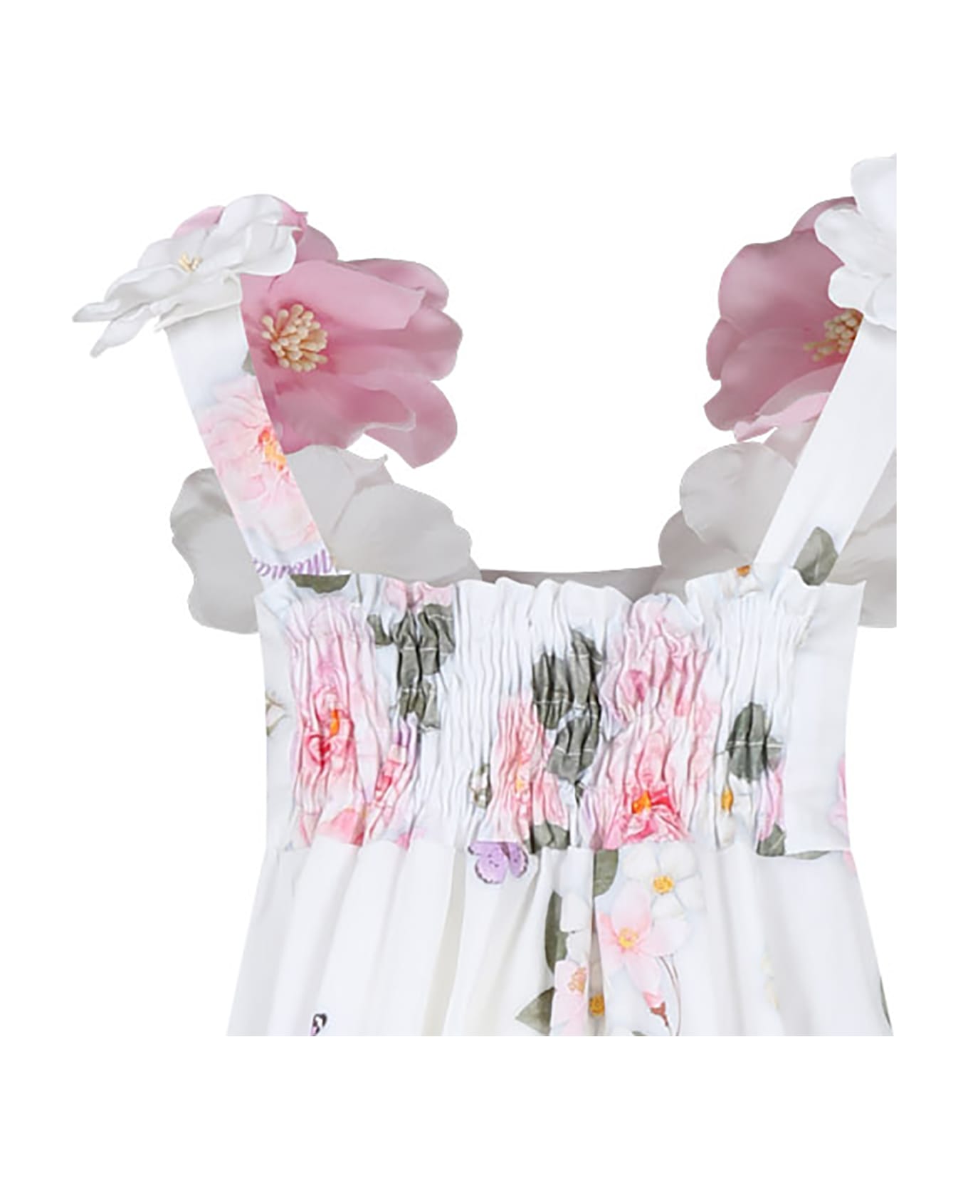 Monnalisa White Dress For Girl With Flowers - WHITE