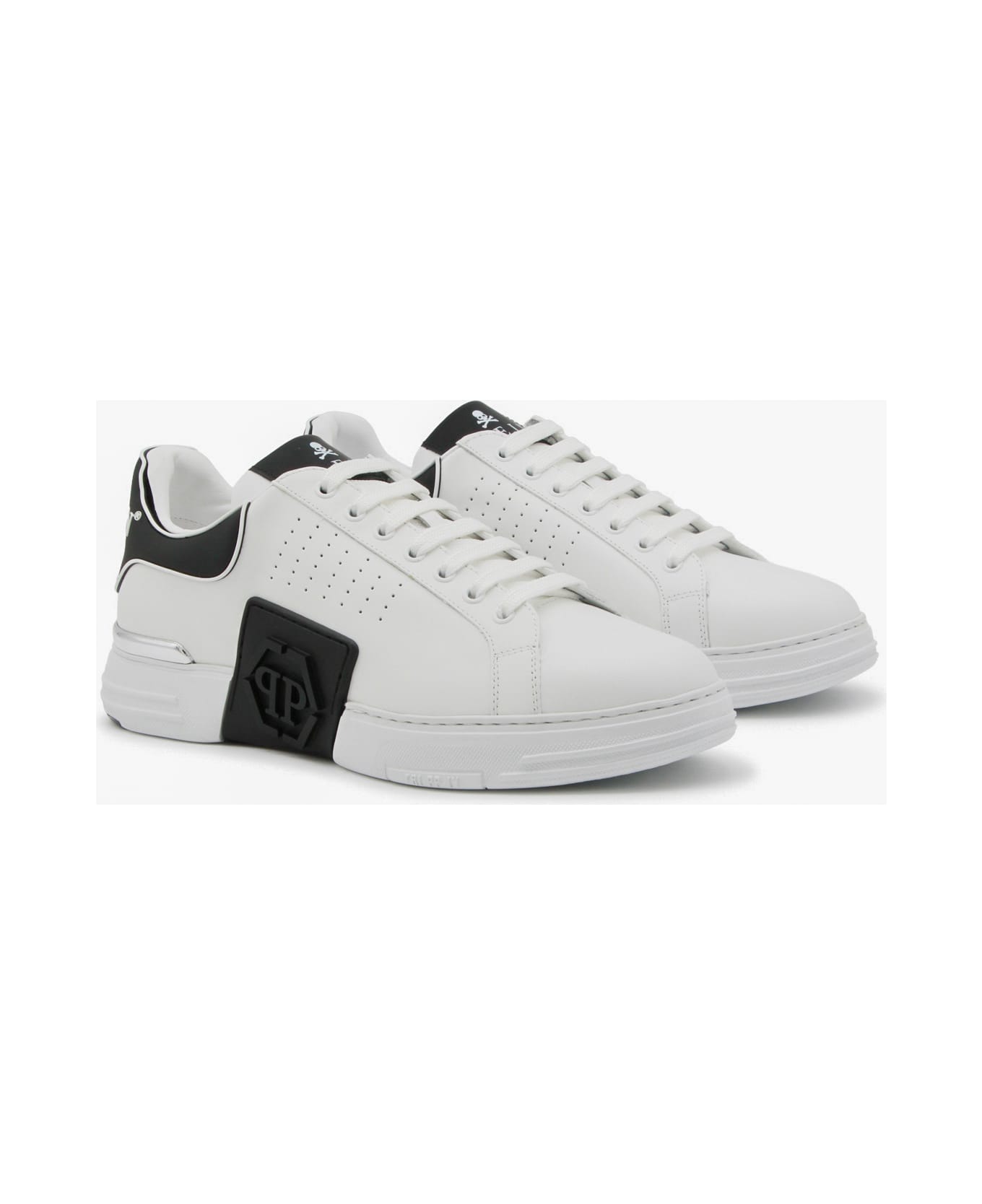 Philipp Plein White And Black Leather Hexagone Sneakers - White