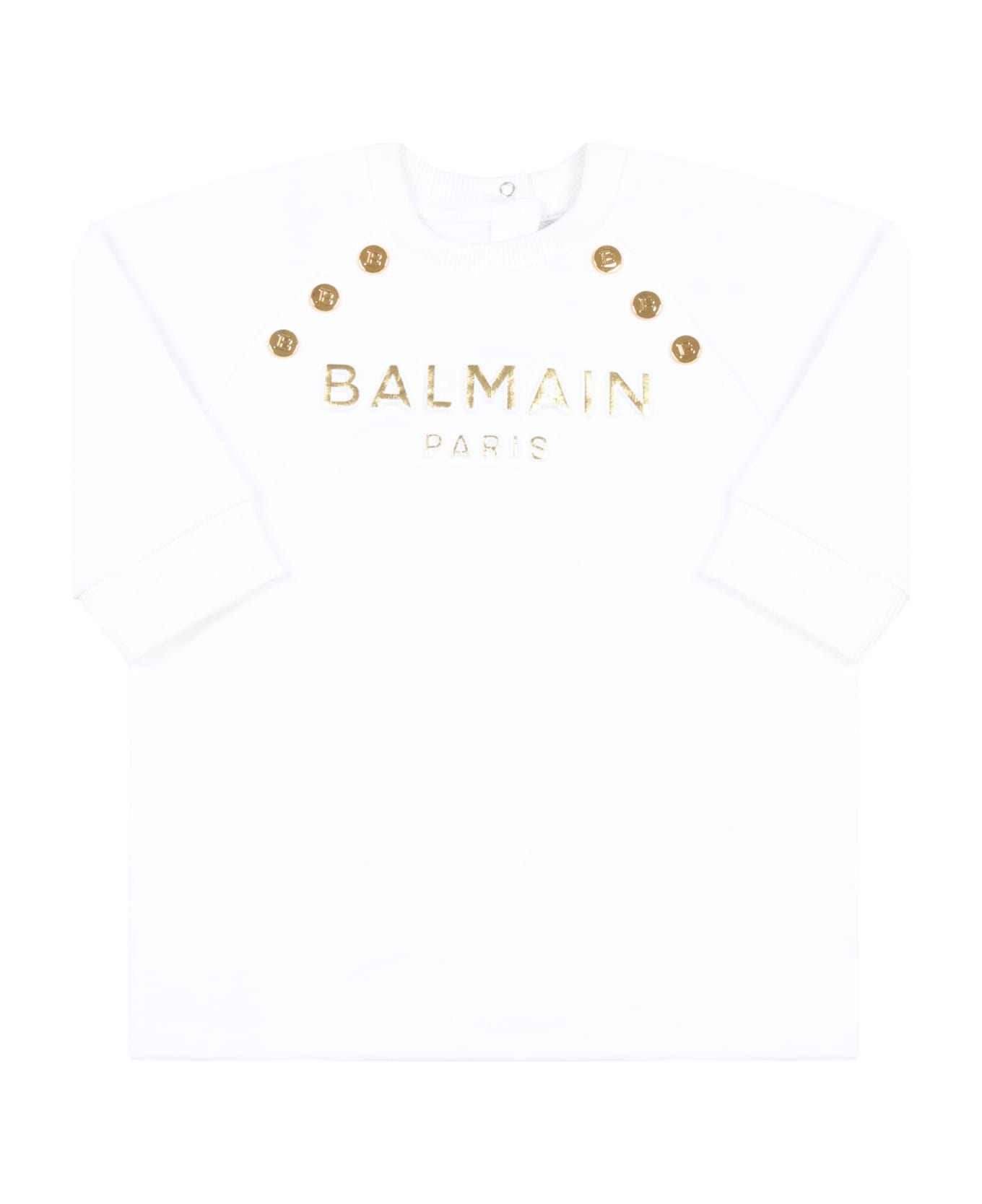 Balmain White Dress For Baby Girl With Golden Logo - White