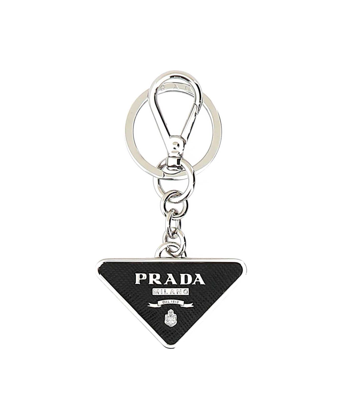 Prada Two-tone Leather And Metal Keychain - F0002