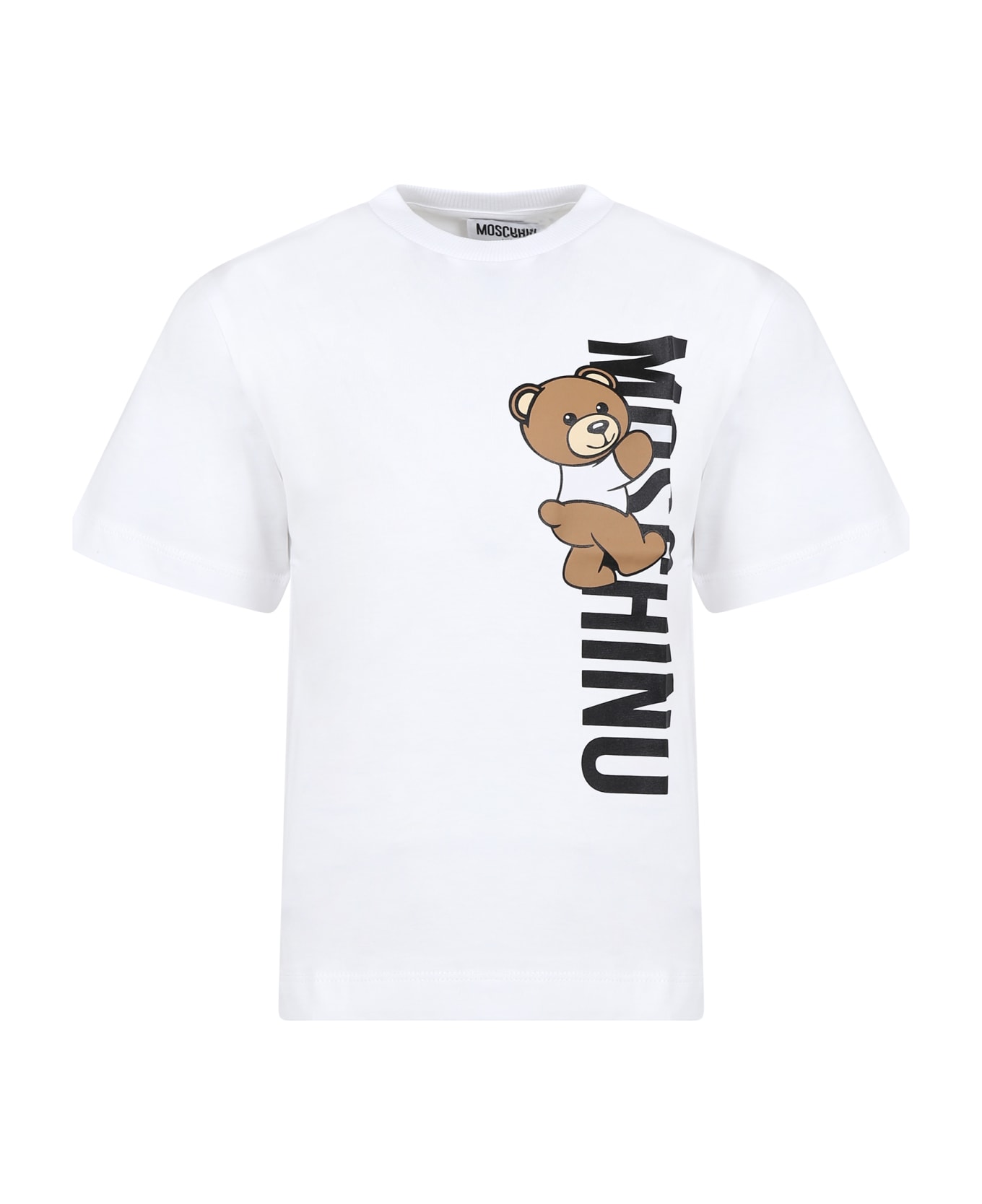 Moschino White T-shirt For Kids With Teddy Bear And Logo - Bianco Ottico Tシャツ＆ポロシャツ