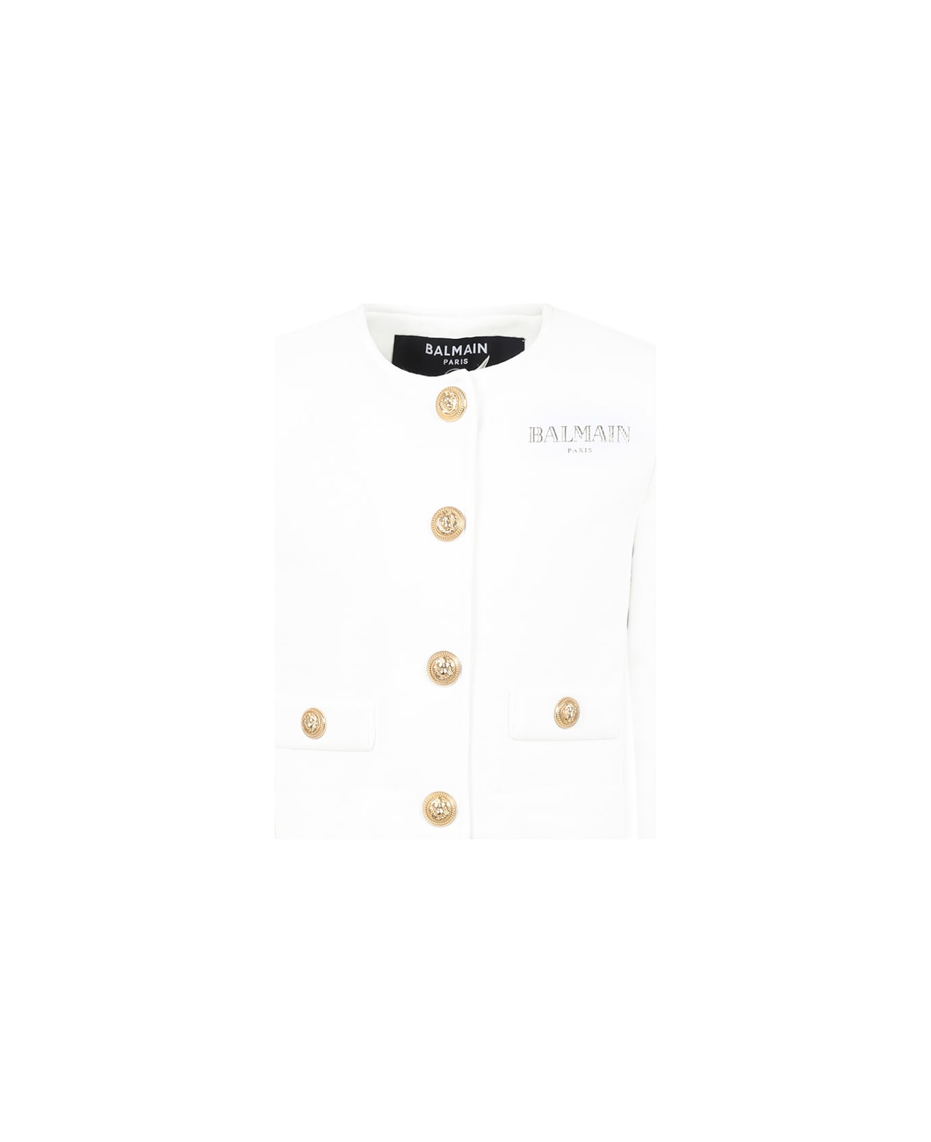 Balmain White Crop Jacket For Girl With Logo - White