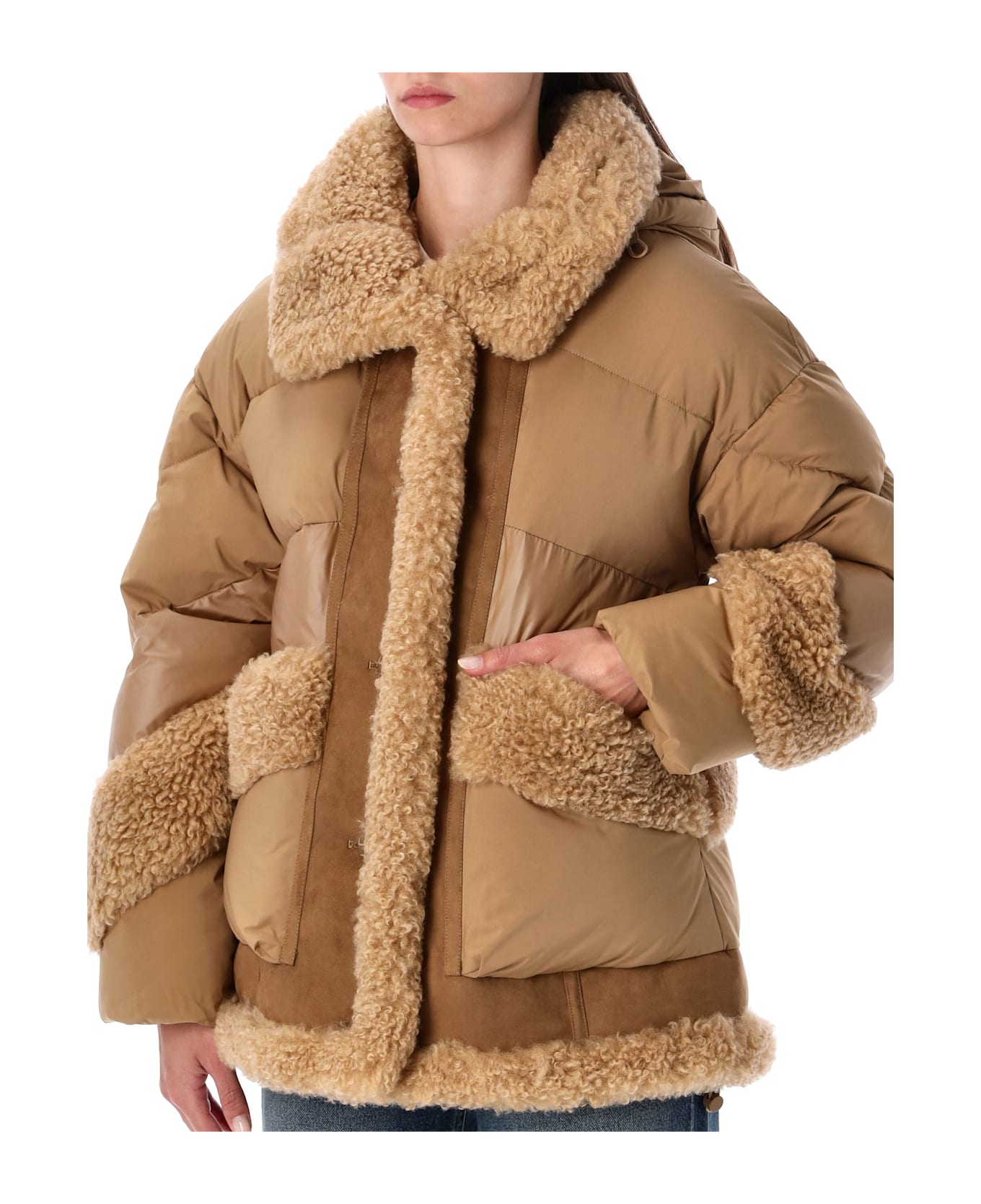 urbancode Camel Short Puffer Jacket With Faux Shearling - CARAMEL