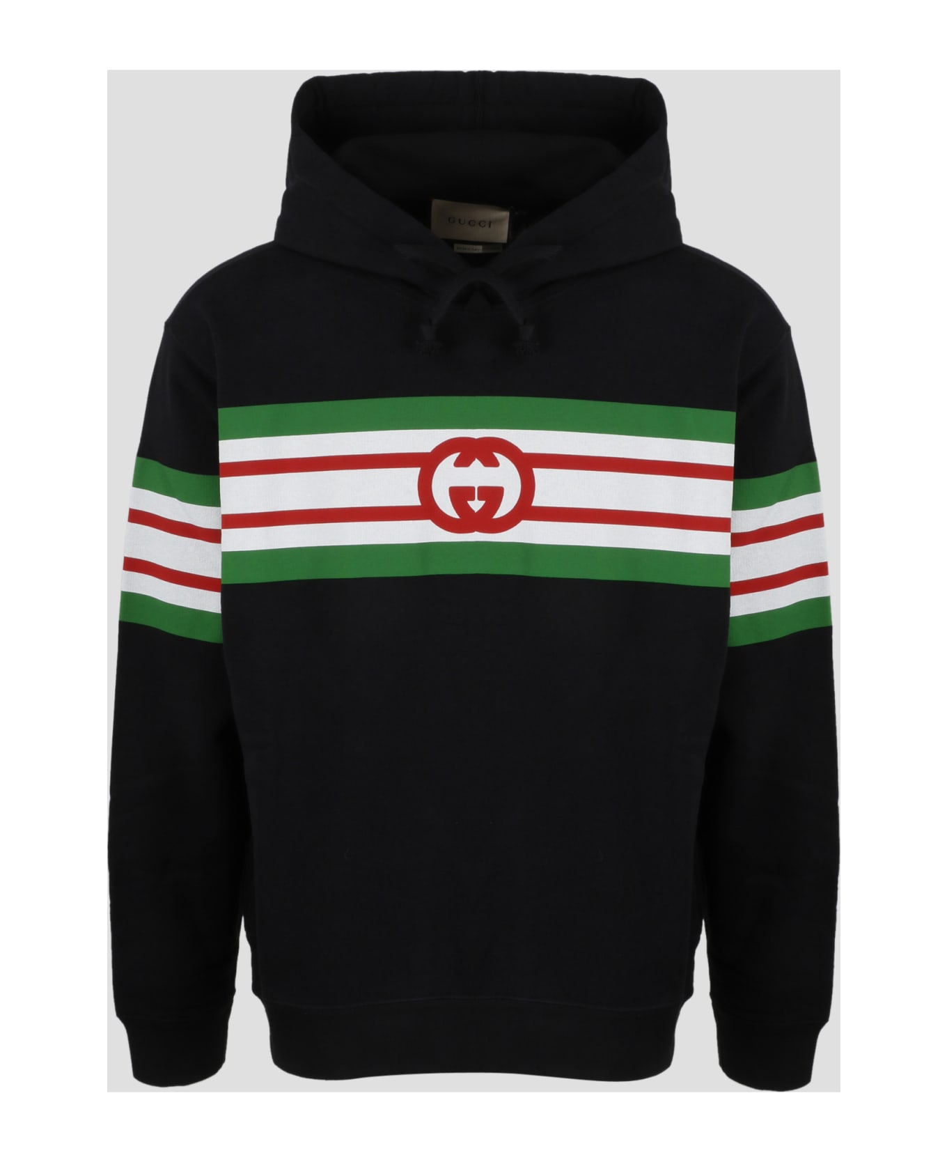 Gucci Striped Print And Gg Logo Hoodie - Black