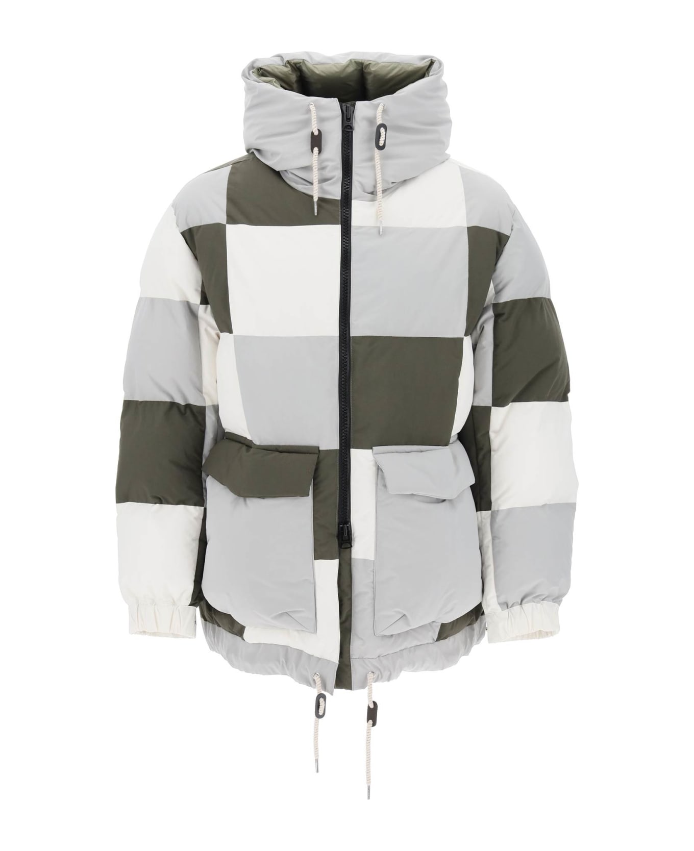 Sacai Hooded Puffer Jacket With Checkerboard Pattern - GRAY MULTI (White)