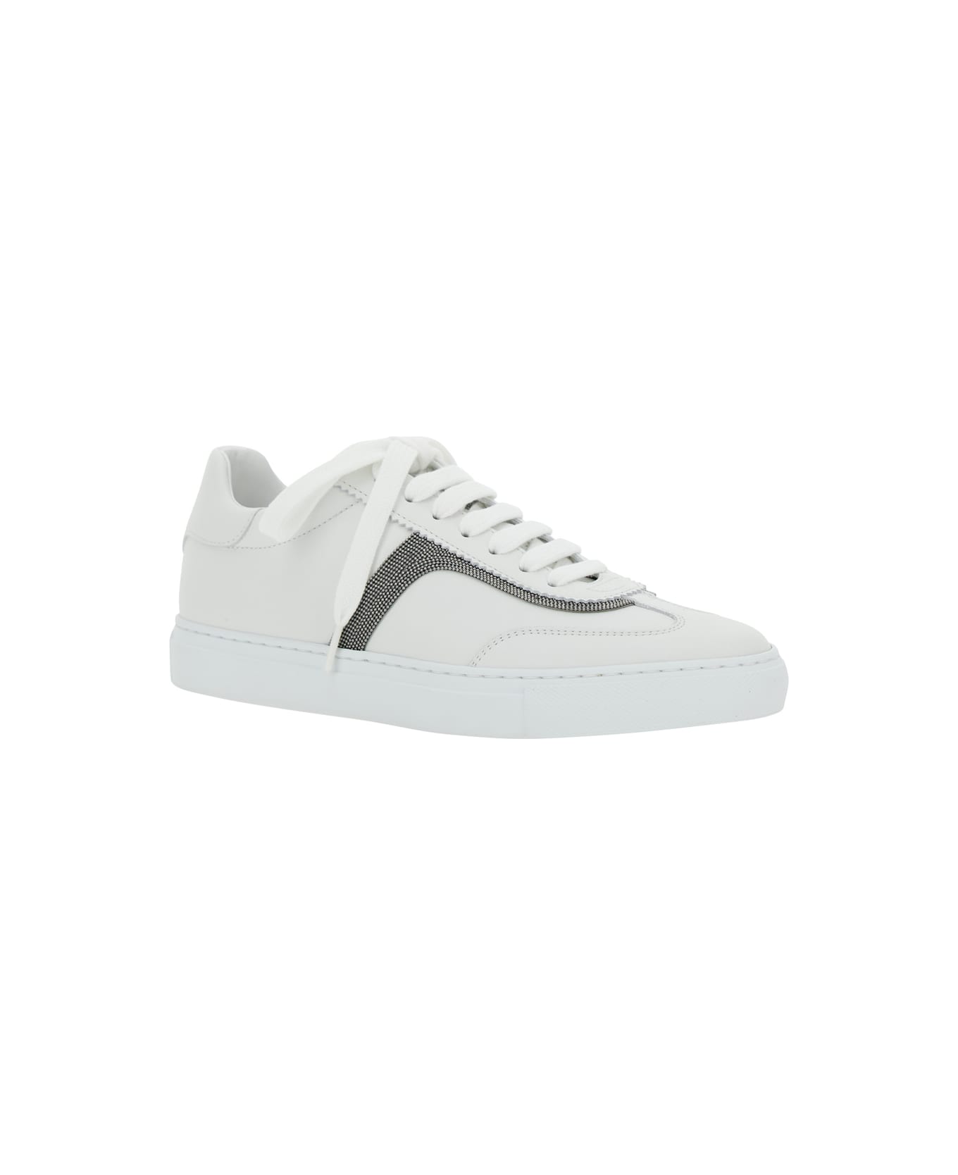 Brunello Cucinelli White Sneaker With Monili Chain Detail In Leather Woman - White