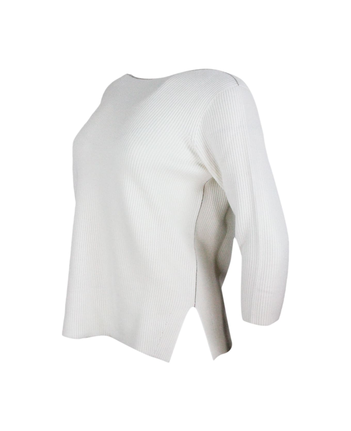 Fabiana Filippi Long-sleeved Boat-neck Sweater In Wool And Cotton Embellished With Brilliant Monili On The Neck - White