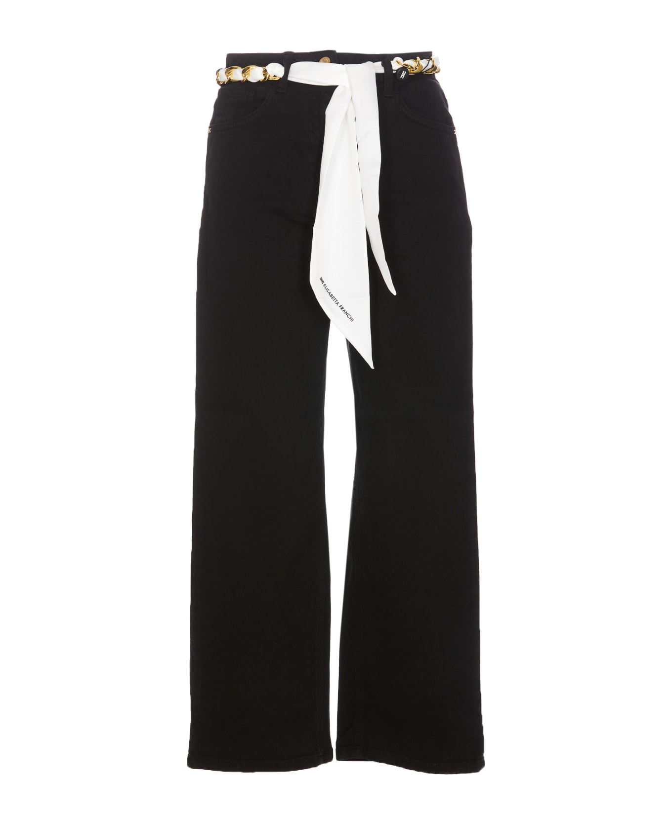 Elisabetta Franchi Cropped Wide Jeans With Chain Belt - Black