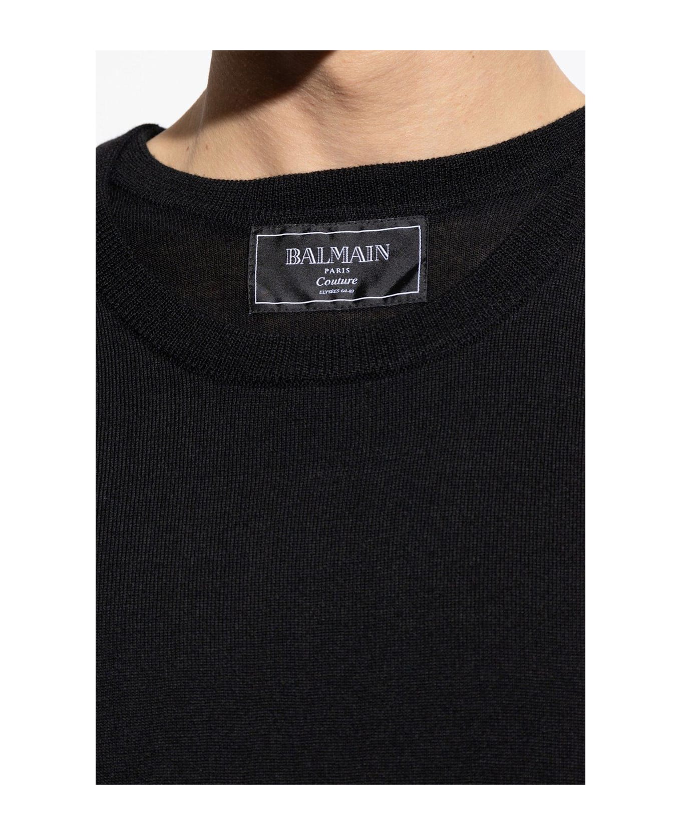 Balmain Logo Patch Double-collar Knit Sweater - BLACK