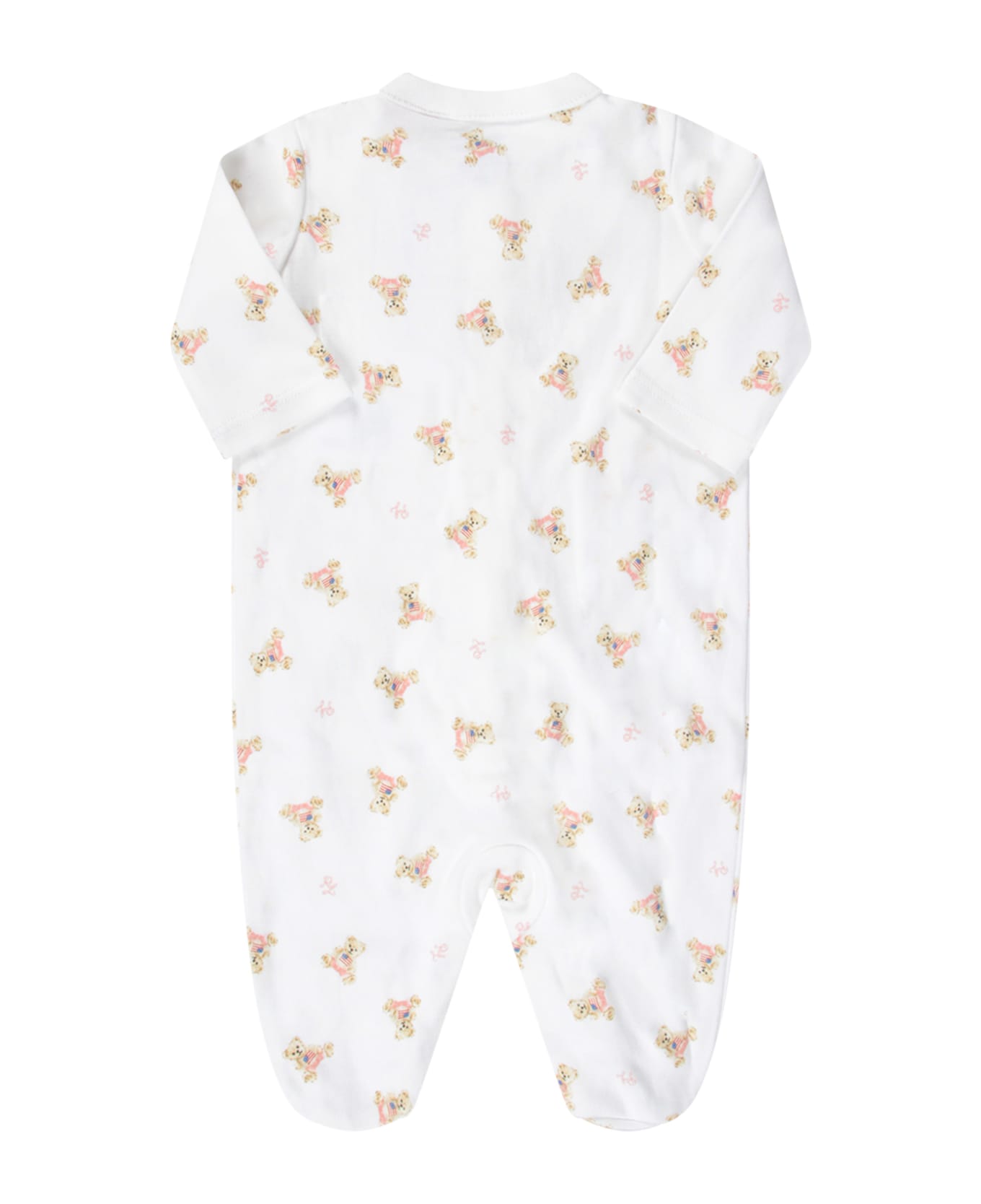 Ralph Lauren White Babygrow For Baby Girl With Pink Logo And Teddy Bear - White ボディスーツ＆セットアップ